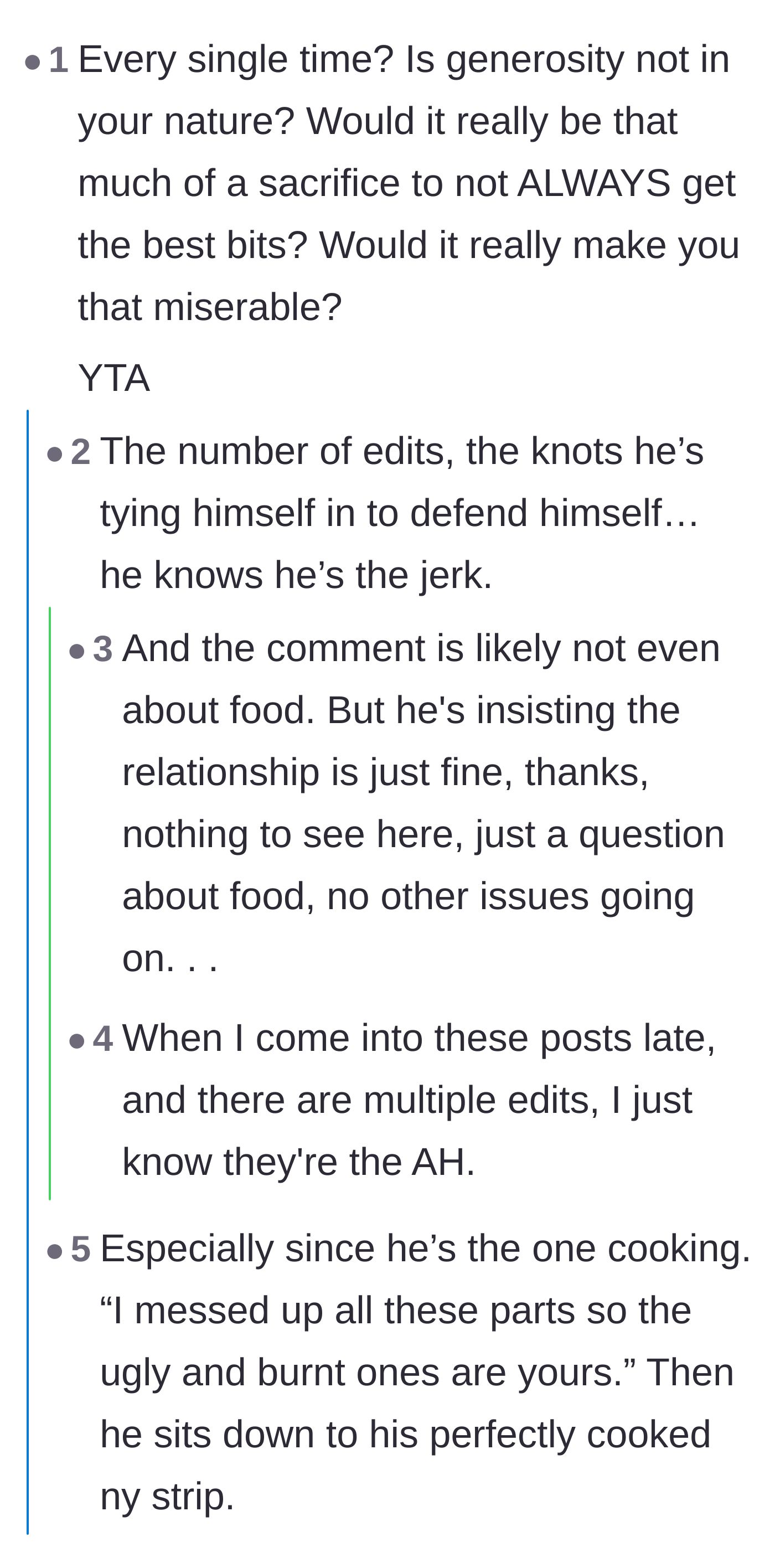 Comment thread 3 - Readers psychoanalyzing the original poster's defensive edits and pointing out the deep-seated resentment hiding behind the food.