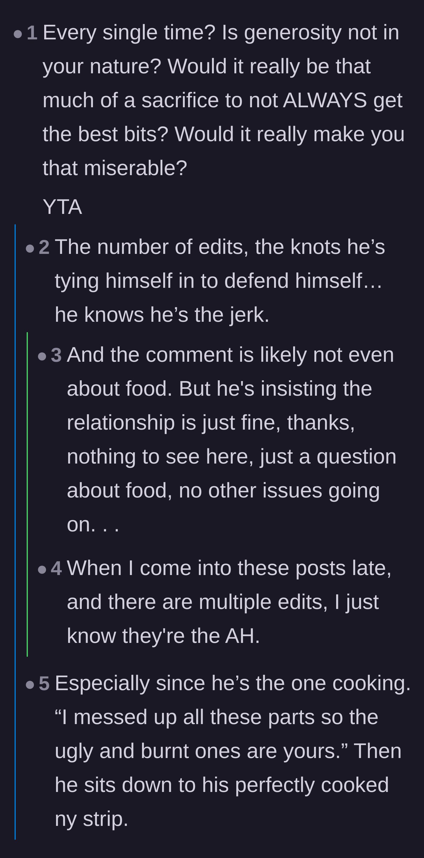Comment thread 3 - Readers psychoanalyzing the original poster's defensive edits and pointing out the deep-seated resentment hiding behind the food.