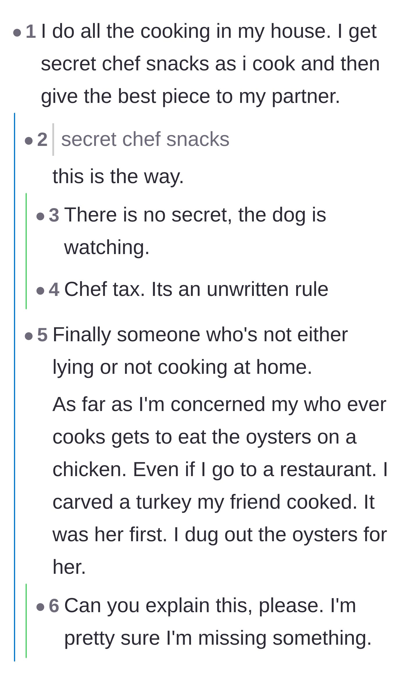 Comment thread 4 - A lighthearted exchange about the universal 'secret chef snack' rule and eating hidden scraps in the kitchen.
