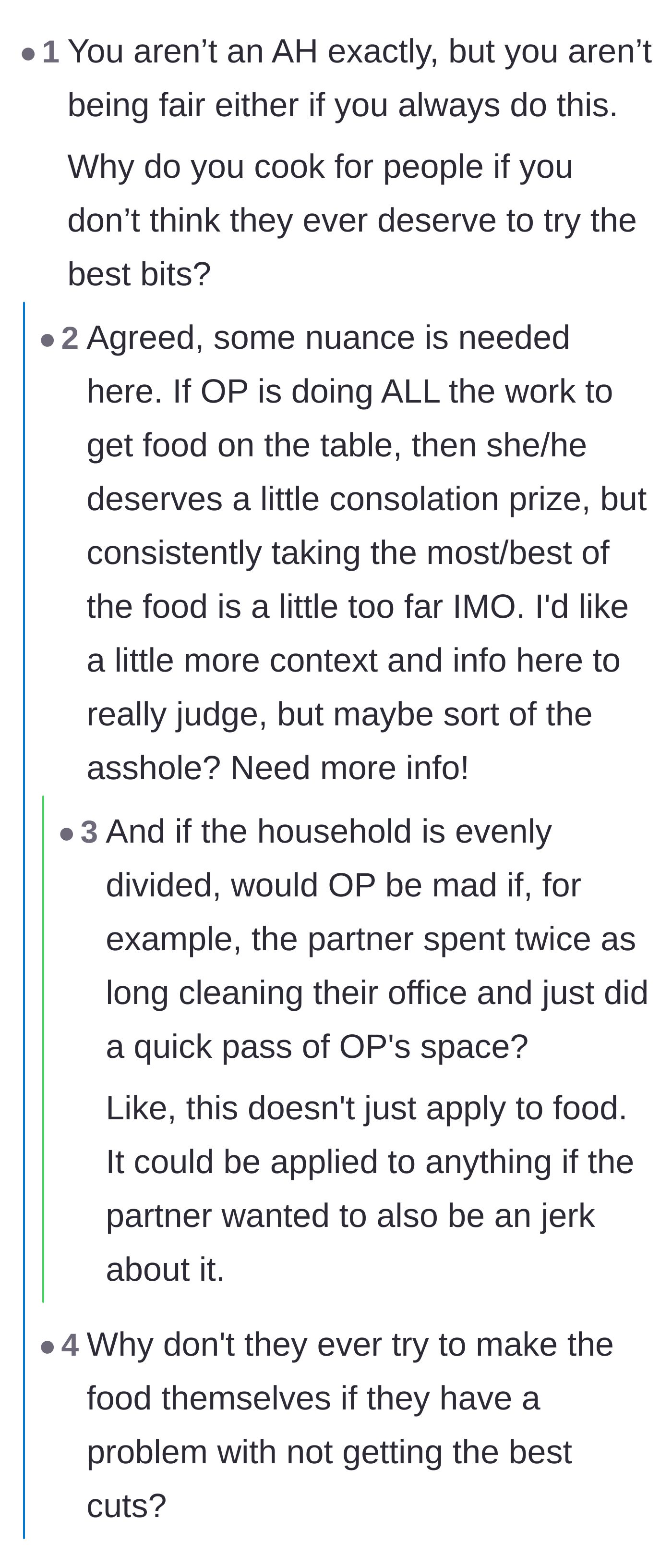 Comment thread 6 - Readers debating the fine line between taking a well-deserved reward and completely depriving a partner of life's little joys.