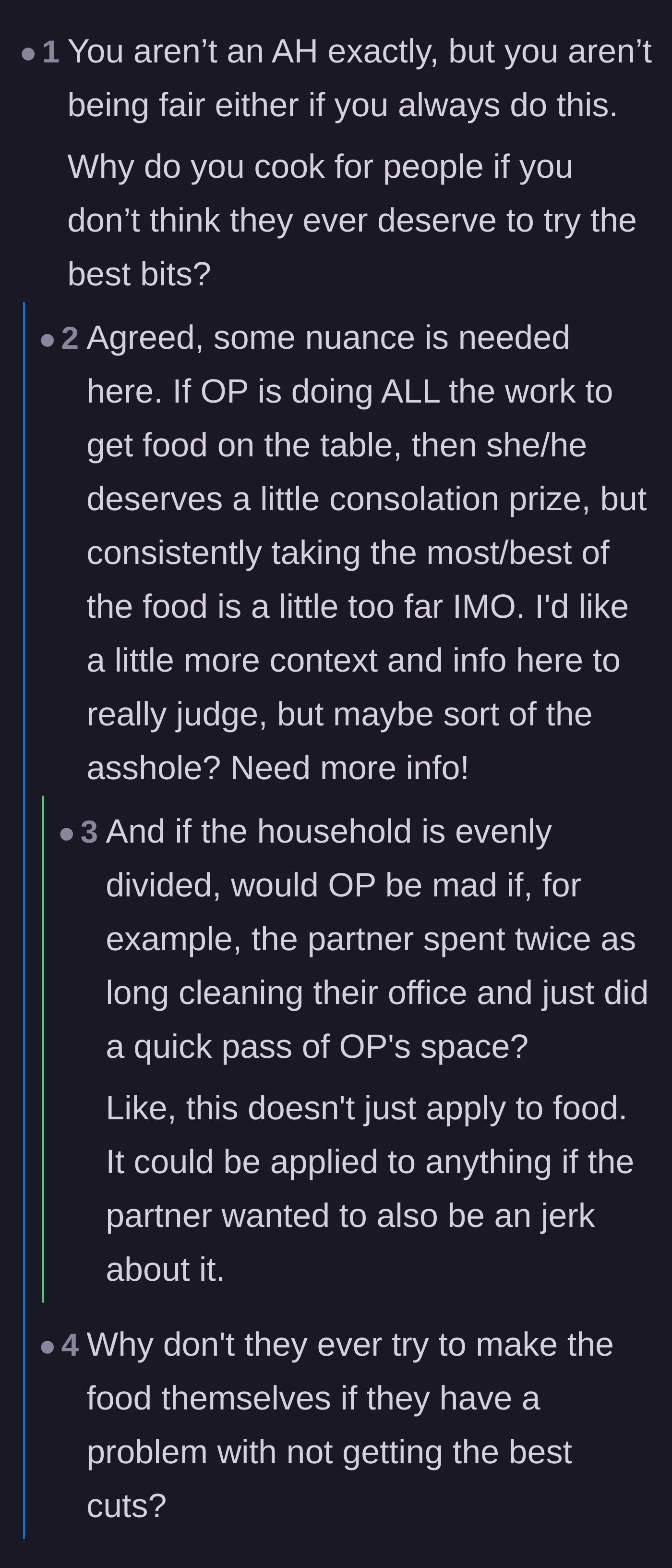 Comment thread 6 - Readers debating the fine line between taking a well-deserved reward and completely depriving a partner of life's little joys.