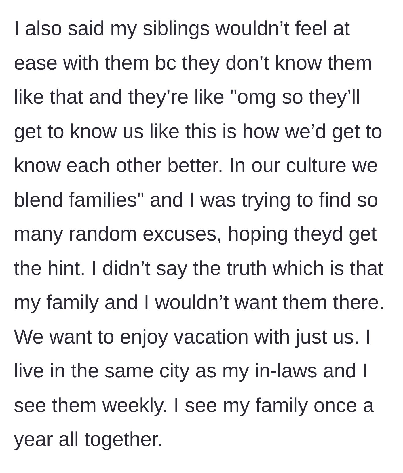 Story part 4 - The in-laws dismissing the wife's polite deflections by citing 'cultural blending,' missing the hint completely.
