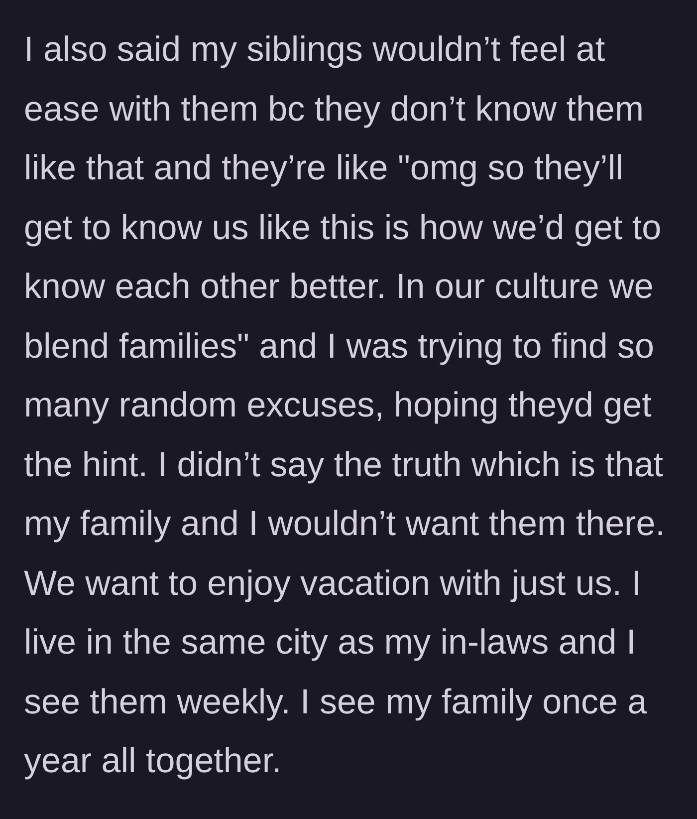 Story part 4 - The in-laws dismissing the wife's polite deflections by citing 'cultural blending,' missing the hint completely.