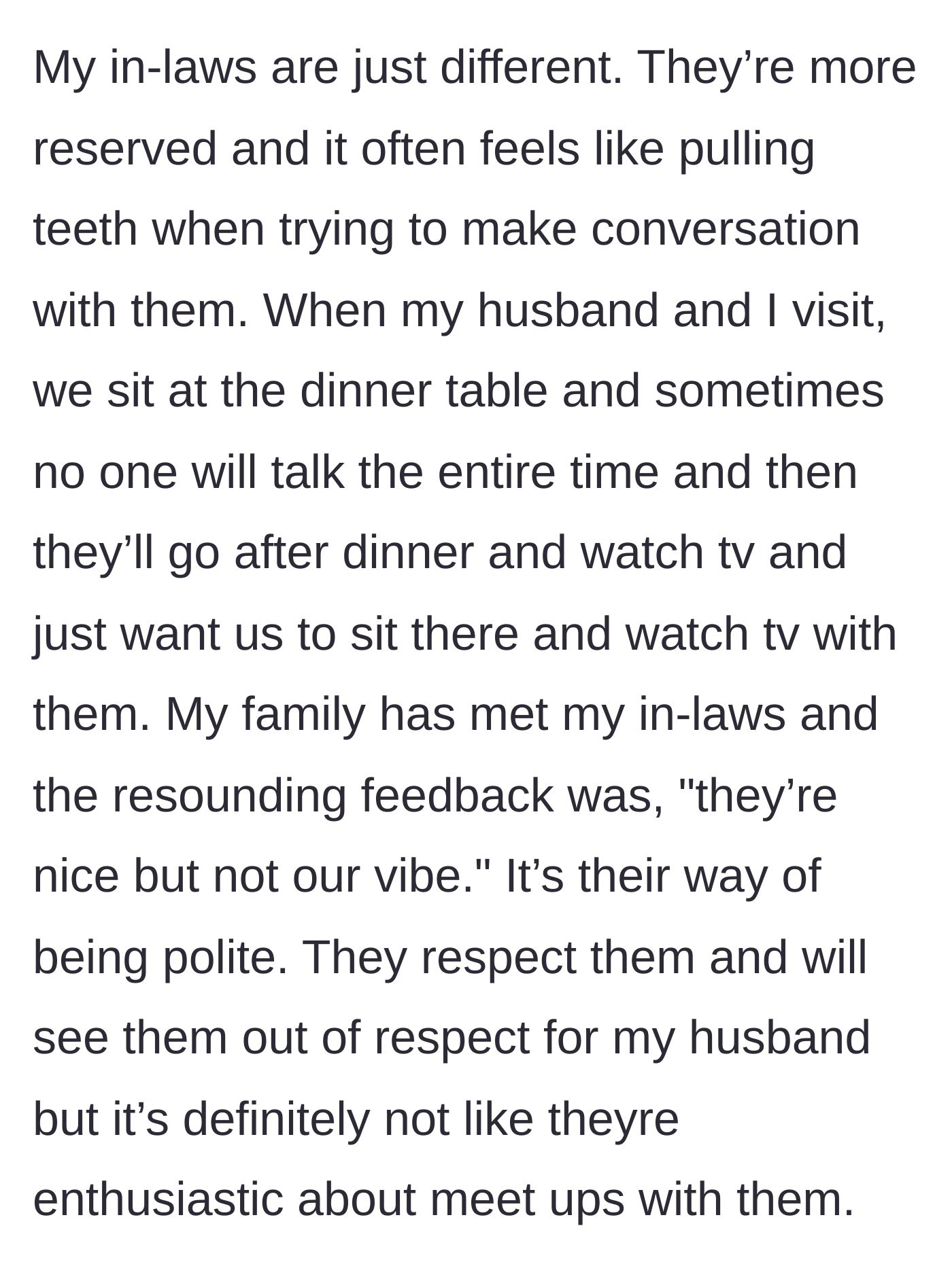 Story part 6 - A stark comparison to the in-laws' chillingly quiet, television-watching dinner routine, which clashes with the vibrant family.