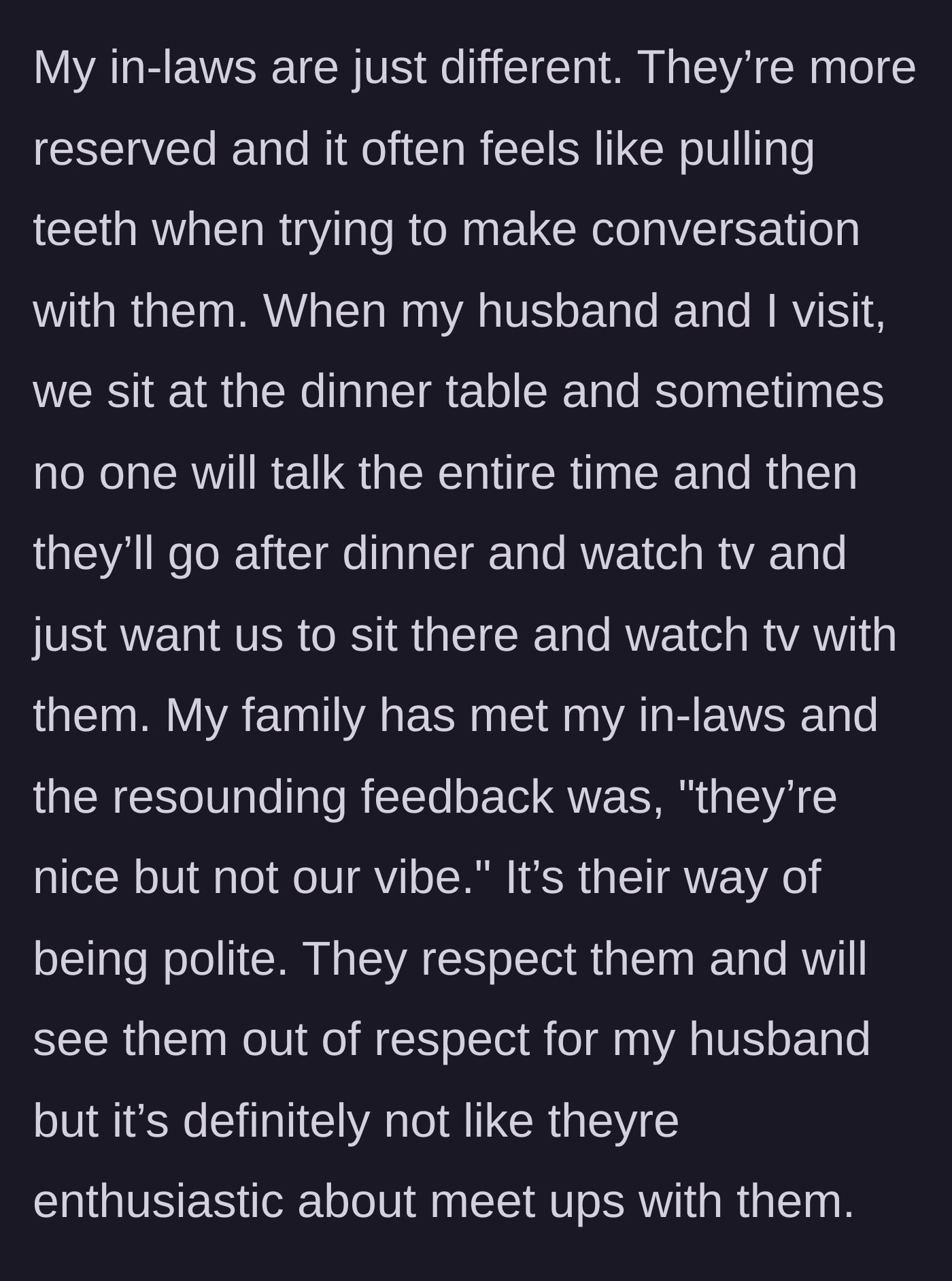 Story part 6 - A stark comparison to the in-laws' chillingly quiet, television-watching dinner routine, which clashes with the vibrant family.