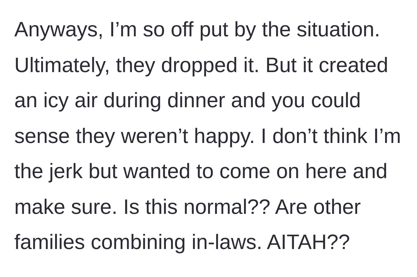 Story part 8 - The tense, icy aftermath at the dinner table following the rejected vacation demand.