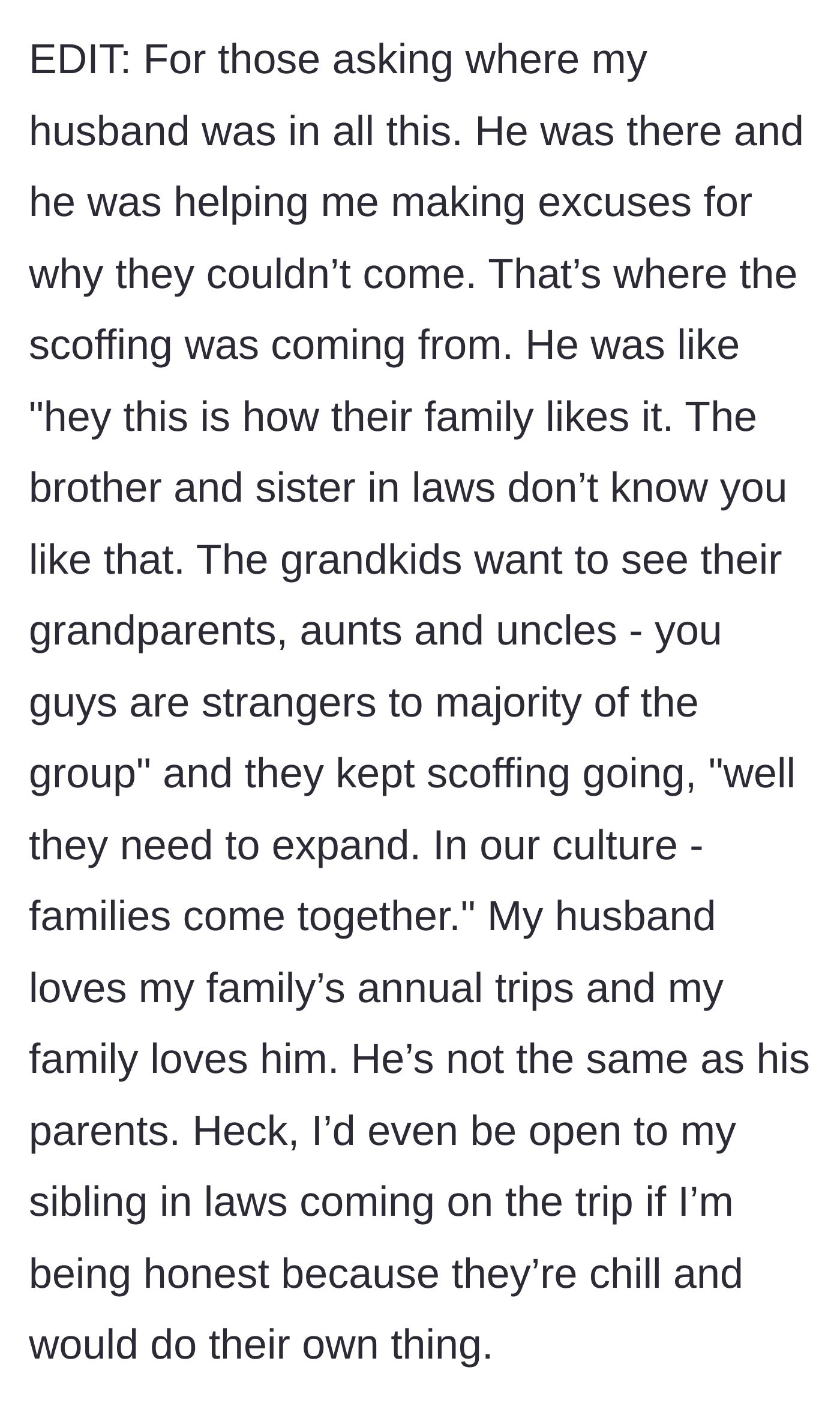 Story part 9 - An edit clarifying that the husband stood by his wife's side and actively defended the boundary against his parents' scoffs.