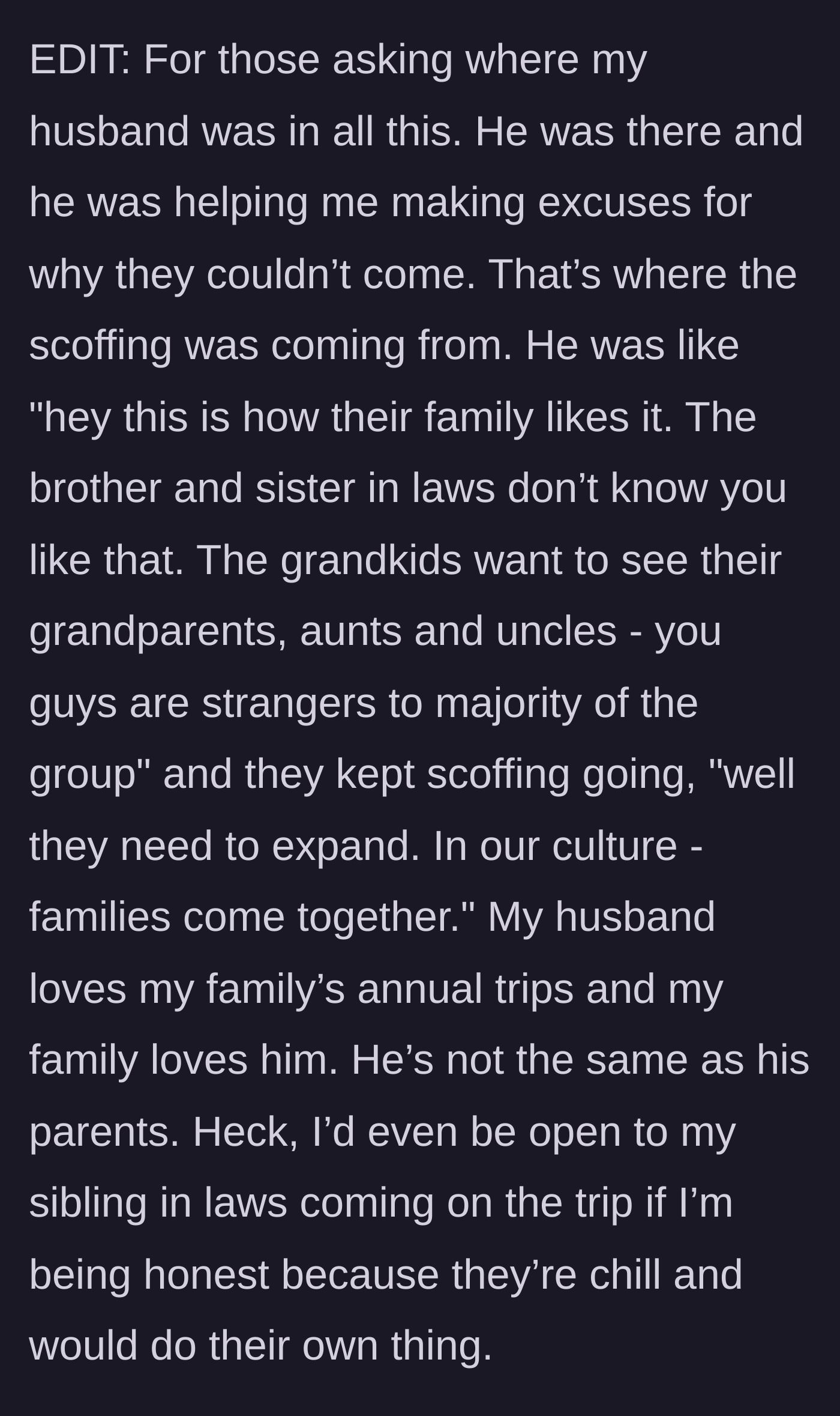 Story part 9 - An edit clarifying that the husband stood by his wife's side and actively defended the boundary against his parents' scoffs.