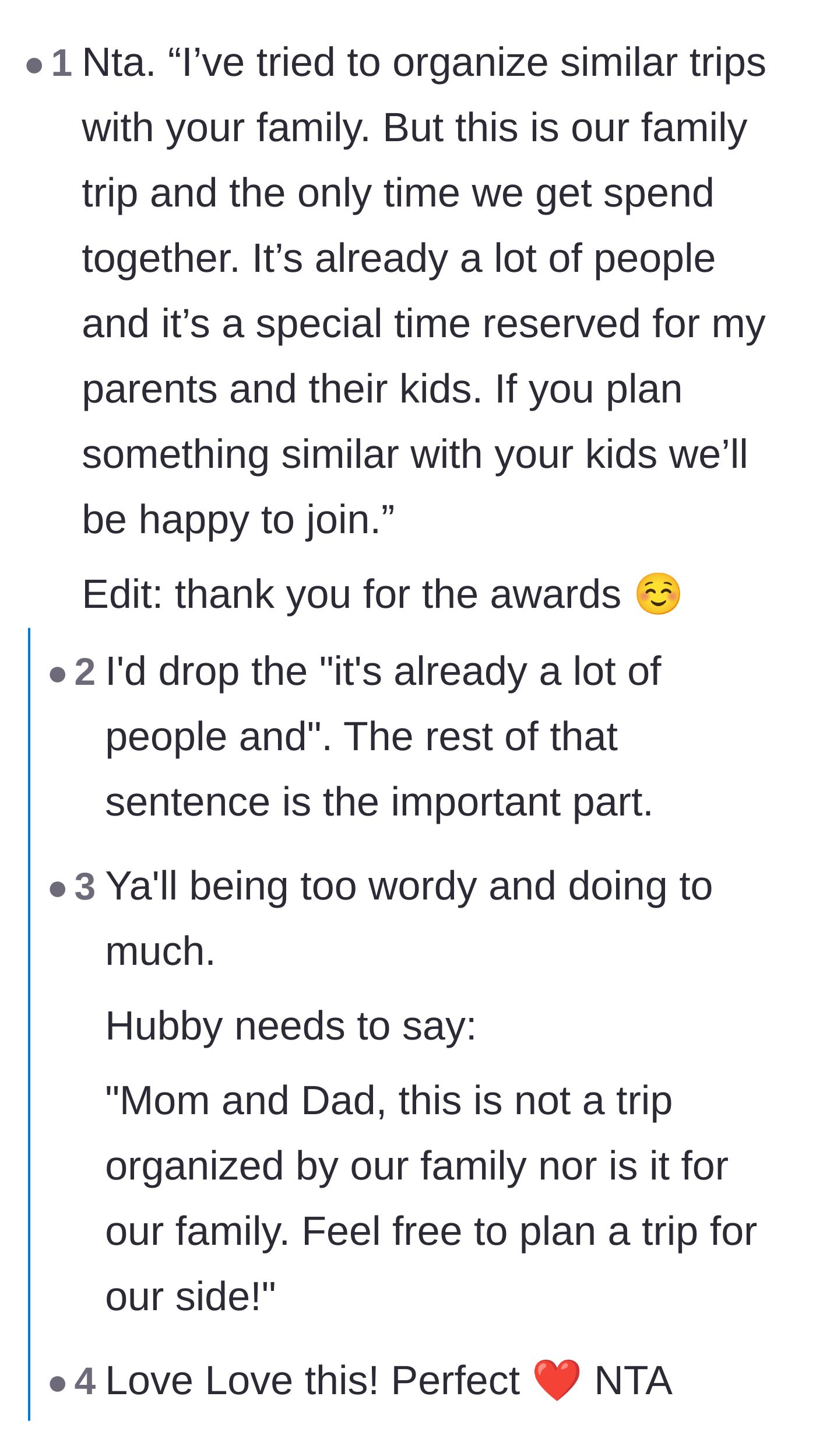 Comment thread 2 - A direct, no-nonsense script suggested for the husband to tell his parents.