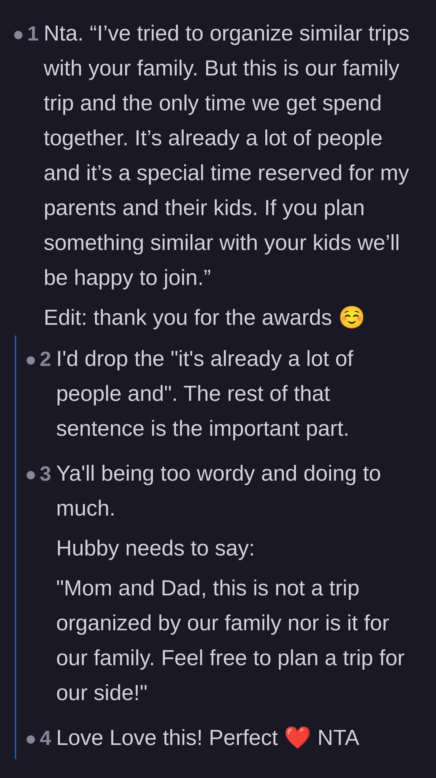 Comment thread 2 - A direct, no-nonsense script suggested for the husband to tell his parents.