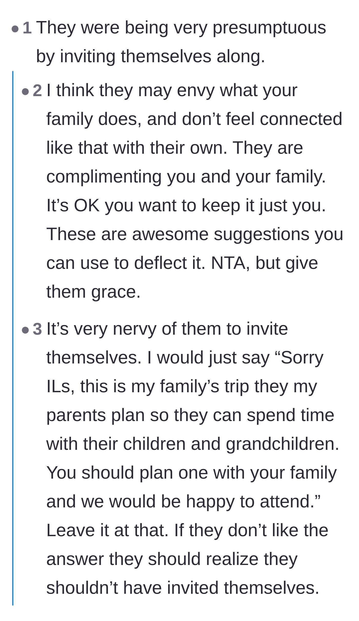 Comment thread 3 - A debate analyzing whether the in-laws' demand was a misguided compliment or pure entitlement.