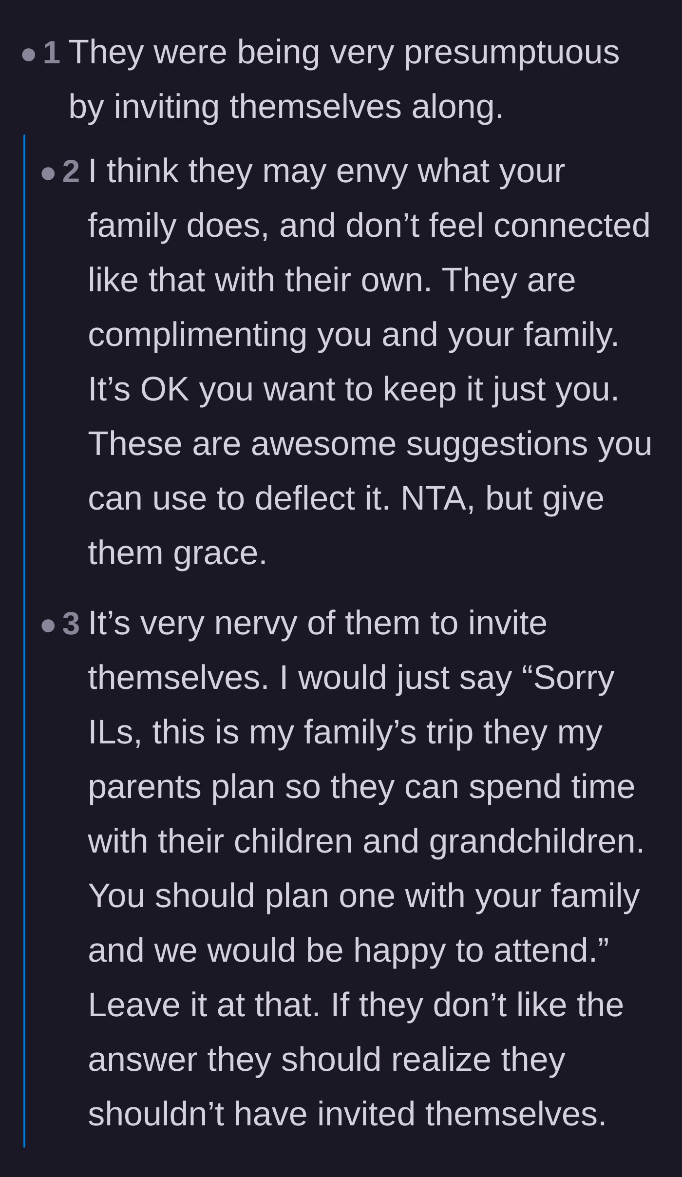 Comment thread 3 - A debate analyzing whether the in-laws' demand was a misguided compliment or pure entitlement.