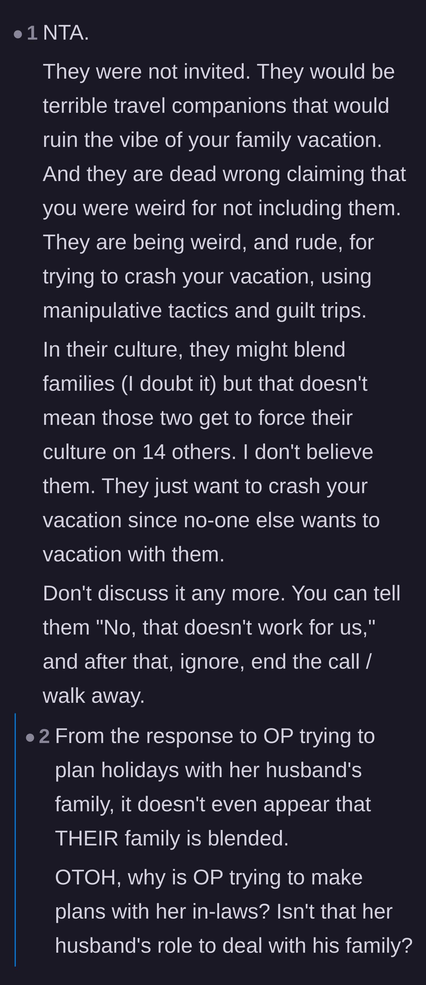 Comment thread 4 - A deep dive into the in-laws' patriarchal culture and their expectation that the couple's world should revolve around them.