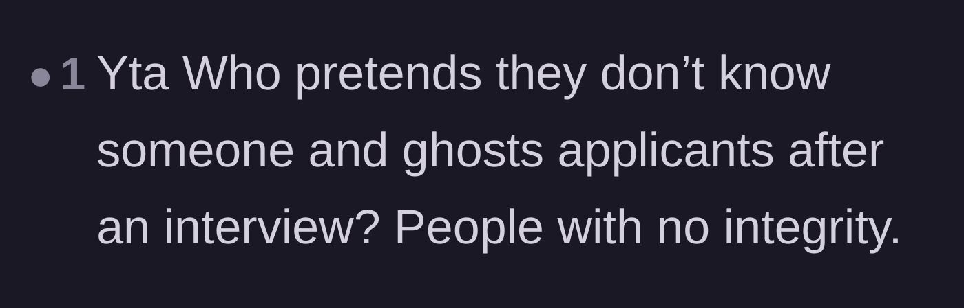 Comment thread 6 - Blunt assessment calling out the main character's lack of integrity for both the snub and the ghosting.