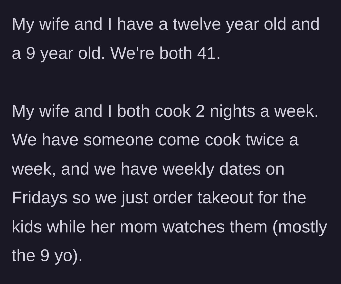 Story part 1 - A breakdown of the couple's surprisingly privileged and well-managed weekly dinner schedule.