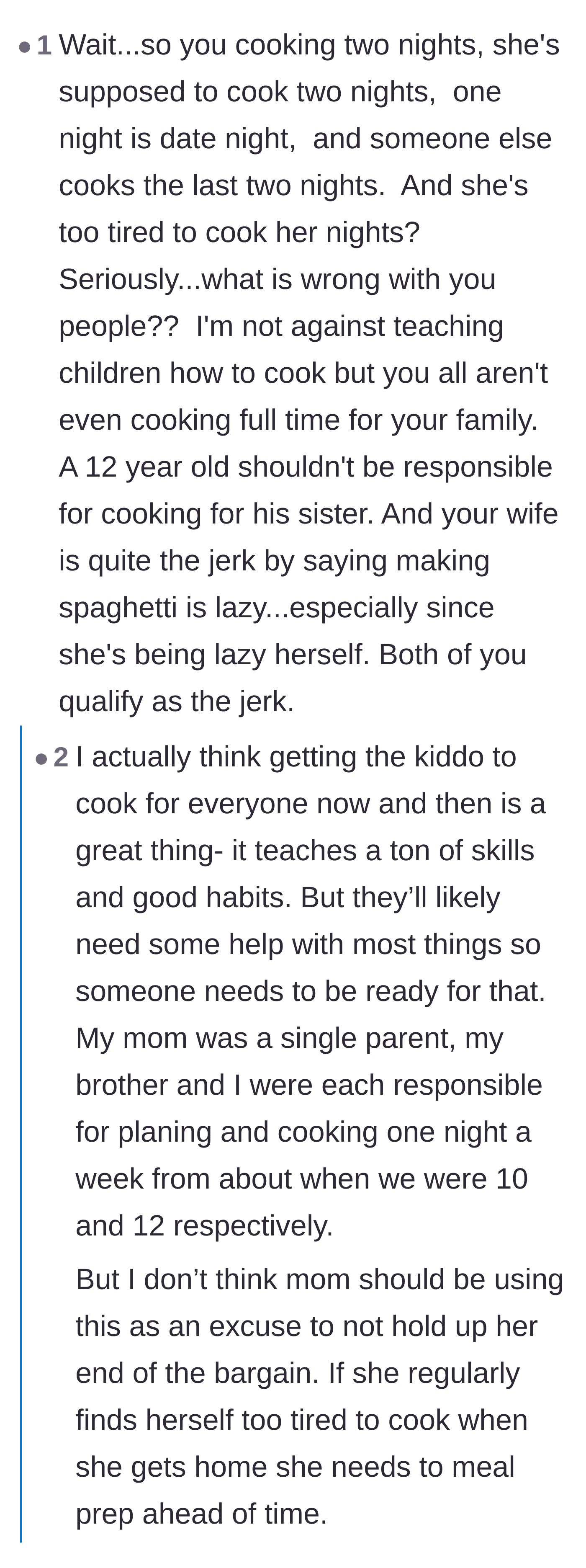 Comment thread 1 - Readers sharing stories about learning to cook at a young age and debating the definition of parentification.