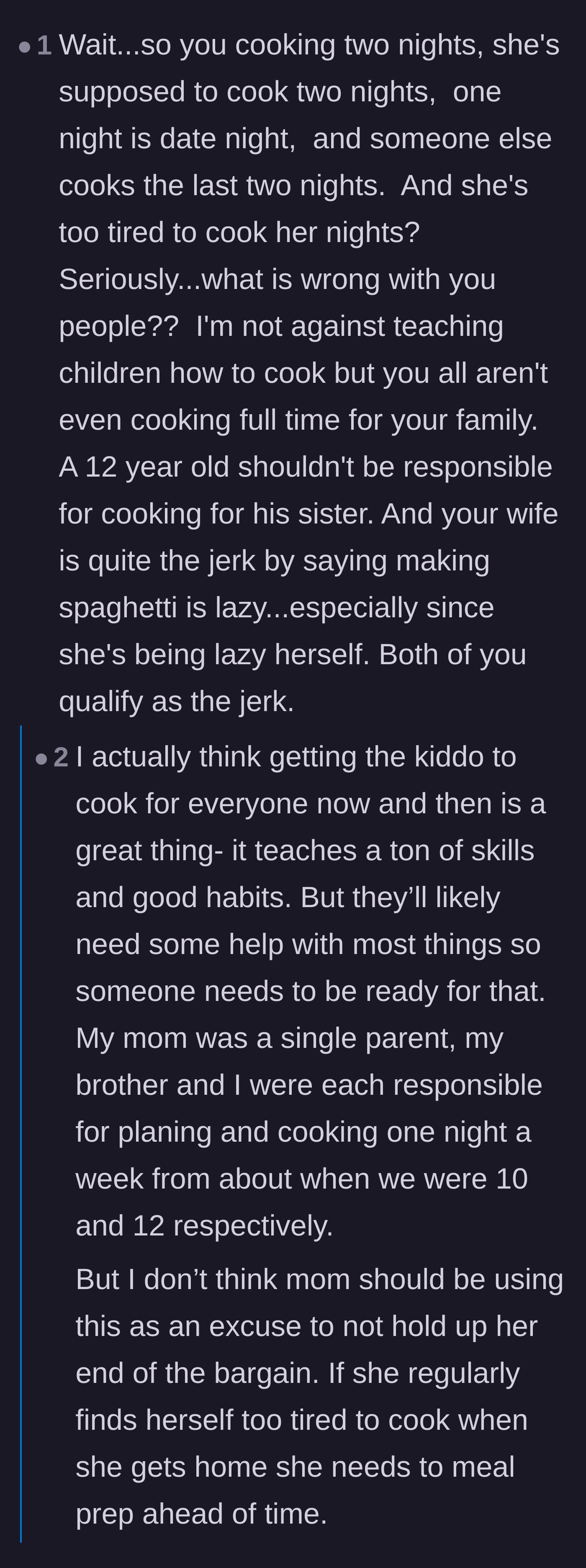 Comment thread 1 - Readers sharing stories about learning to cook at a young age and debating the definition of parentification.