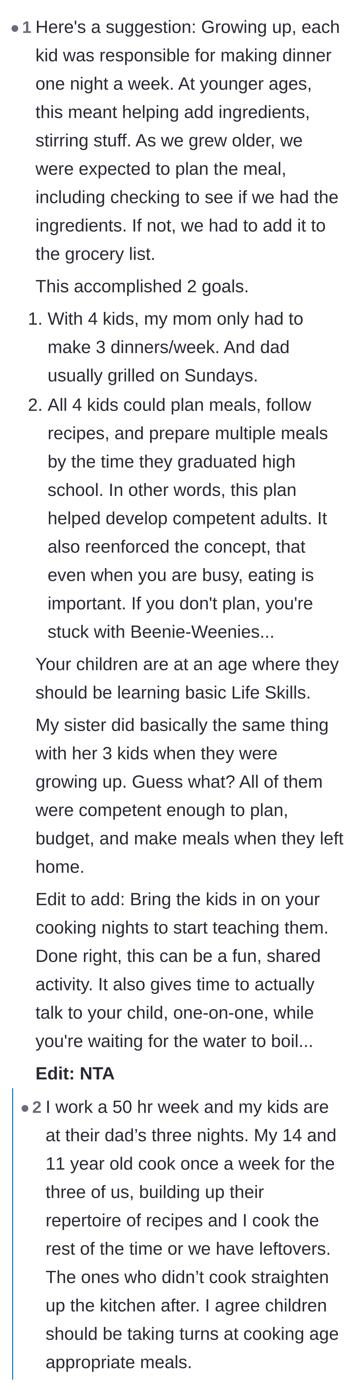 Comment thread 2 - A structured suggestion for incorporating children into the weekly cooking rotation to build essential life skills.