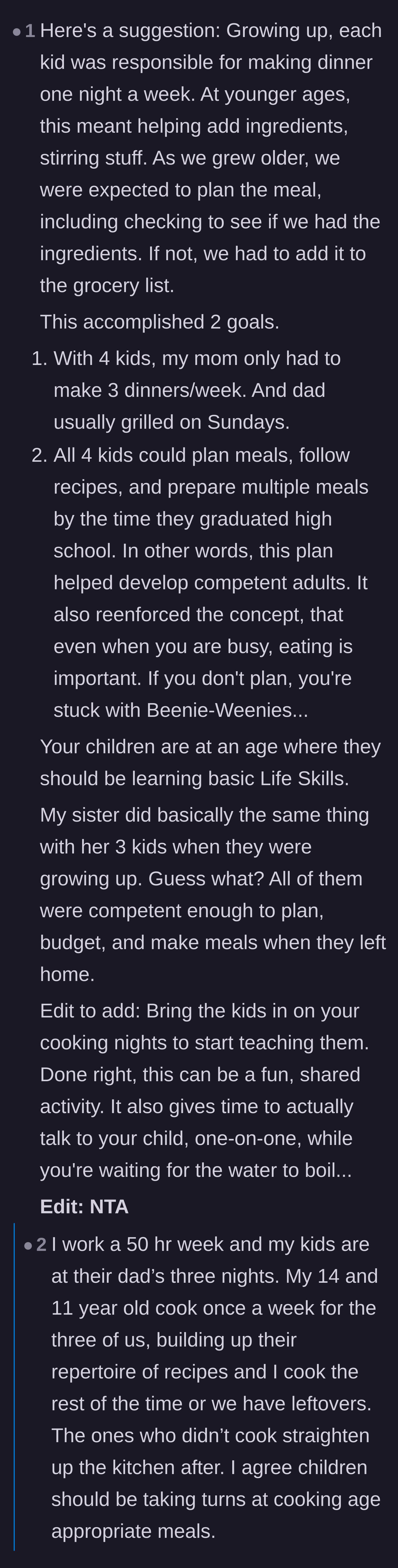 Comment thread 2 - A structured suggestion for incorporating children into the weekly cooking rotation to build essential life skills.