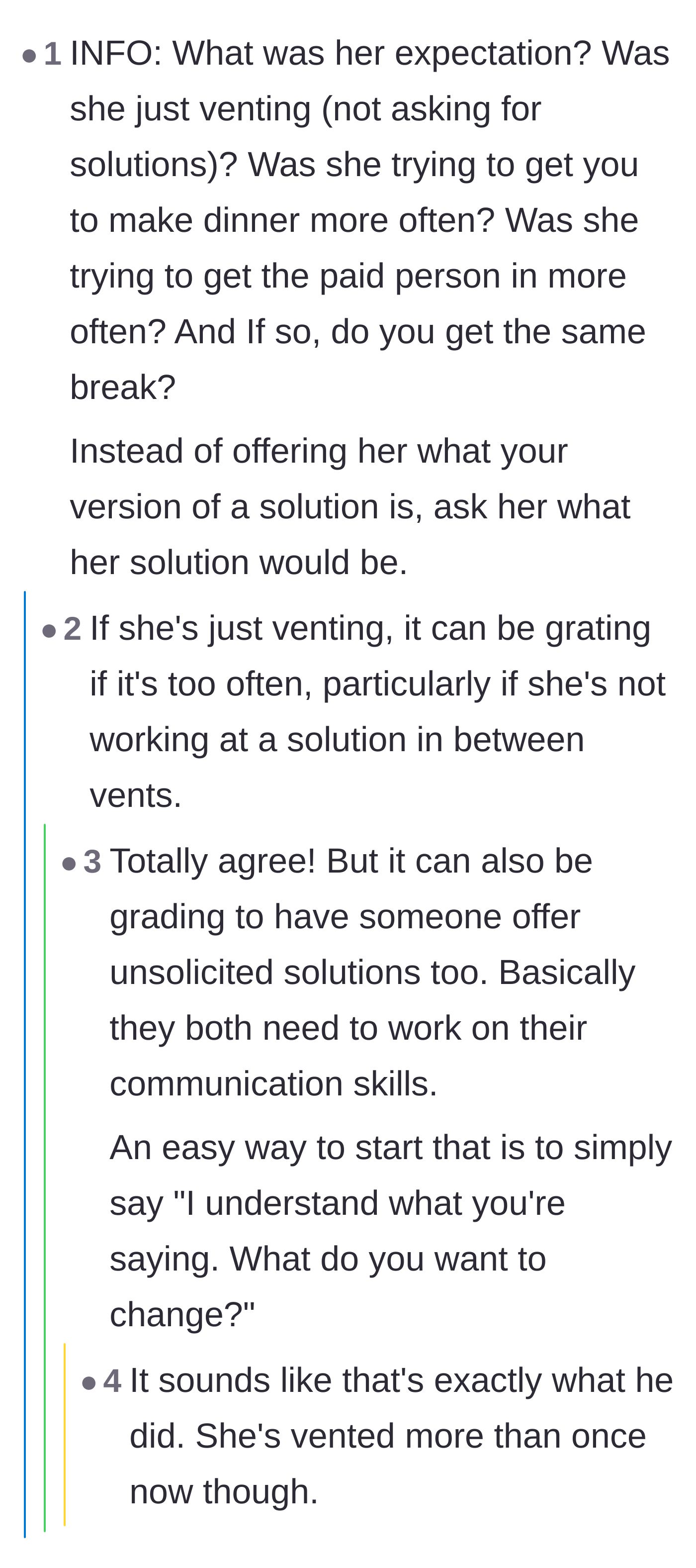 Comment thread 3 - A debate on whether the wife was seeking a practical solution or simply looking to vent her frustrations.