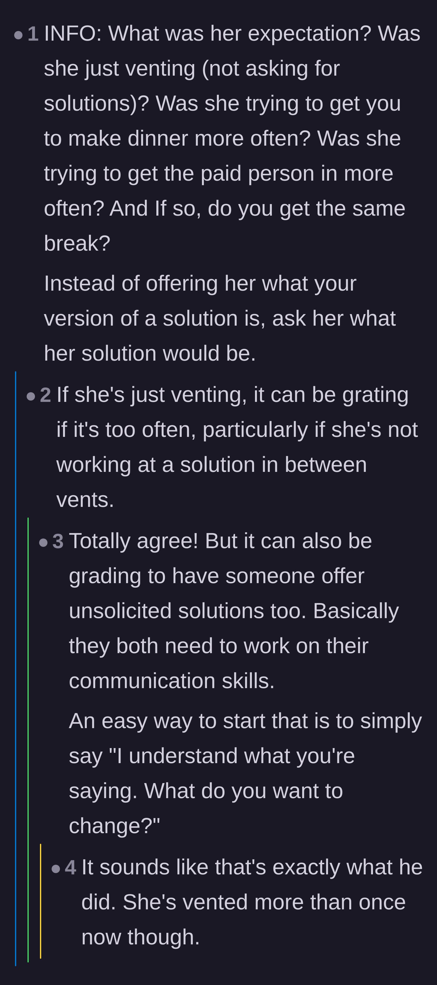 Comment thread 3 - A debate on whether the wife was seeking a practical solution or simply looking to vent her frustrations.