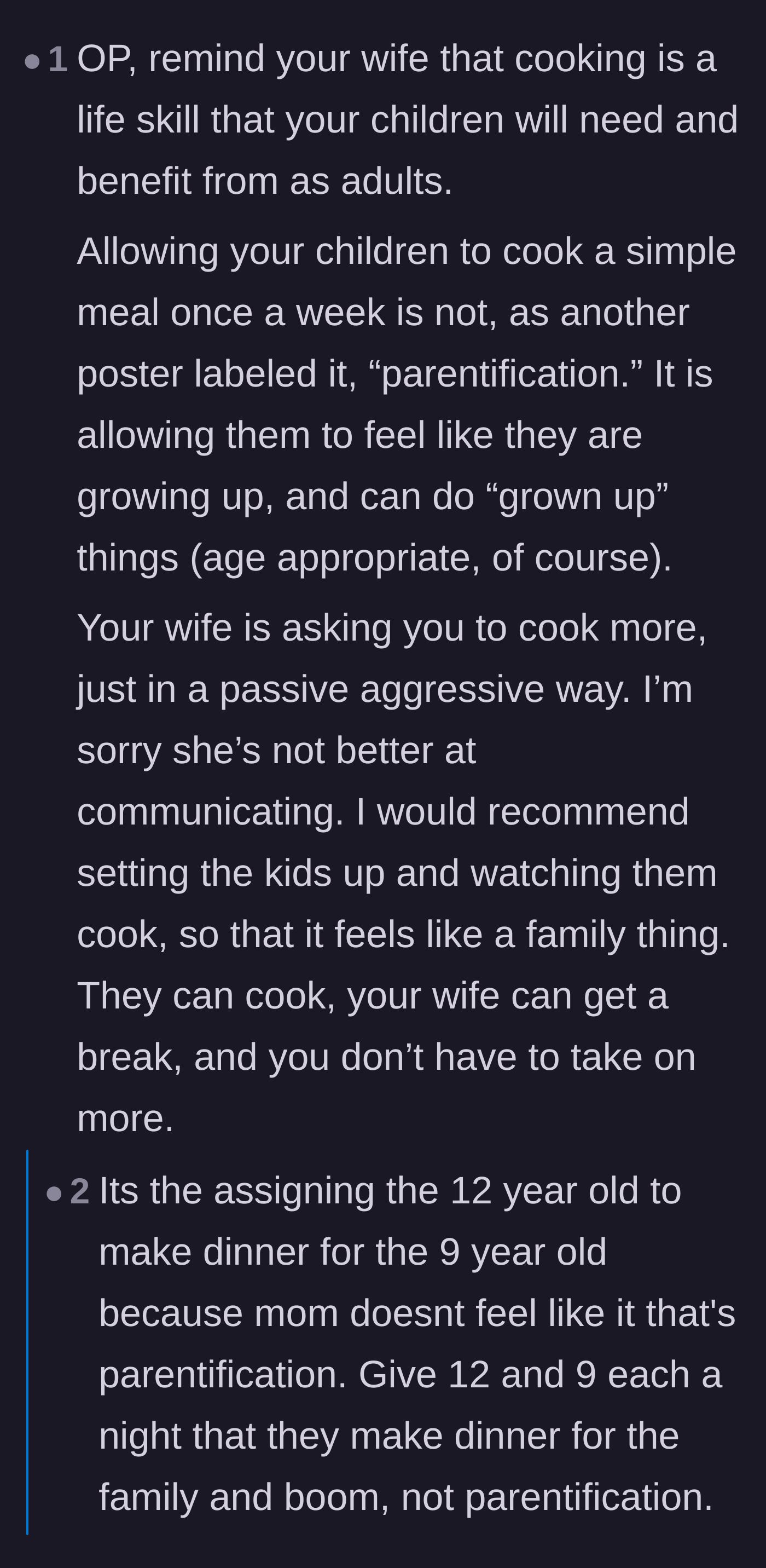 Comment thread 5 - A discussion on passive-aggressive communication and the difference between teaching life skills and parentifying a child.