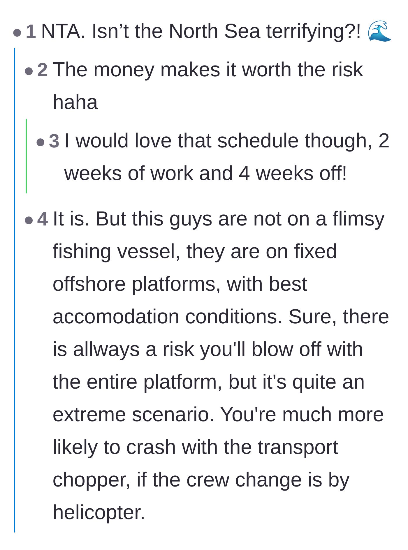 Comment thread 1 - Readers debating the physical risks of oil rig work versus the generational financial stability it provides.