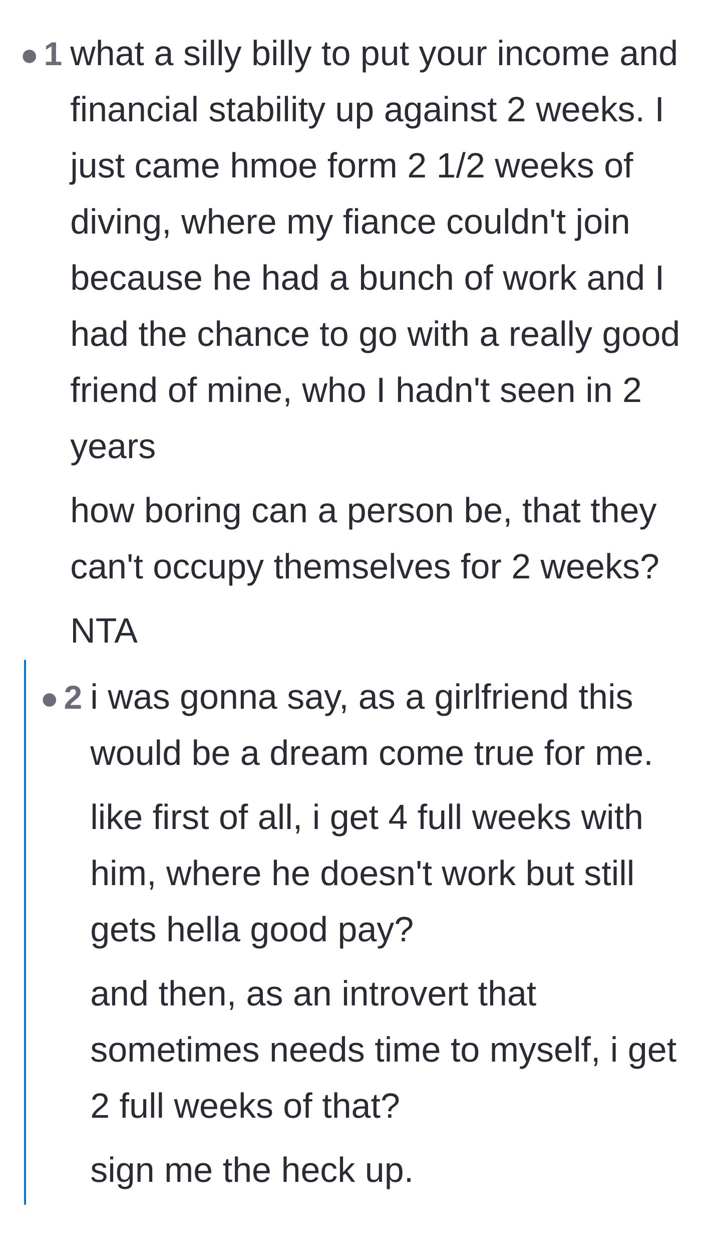 Comment thread 2 - Introverts and long-term spouses expressing how perfect a schedule of two weeks alone and four weeks together would be.