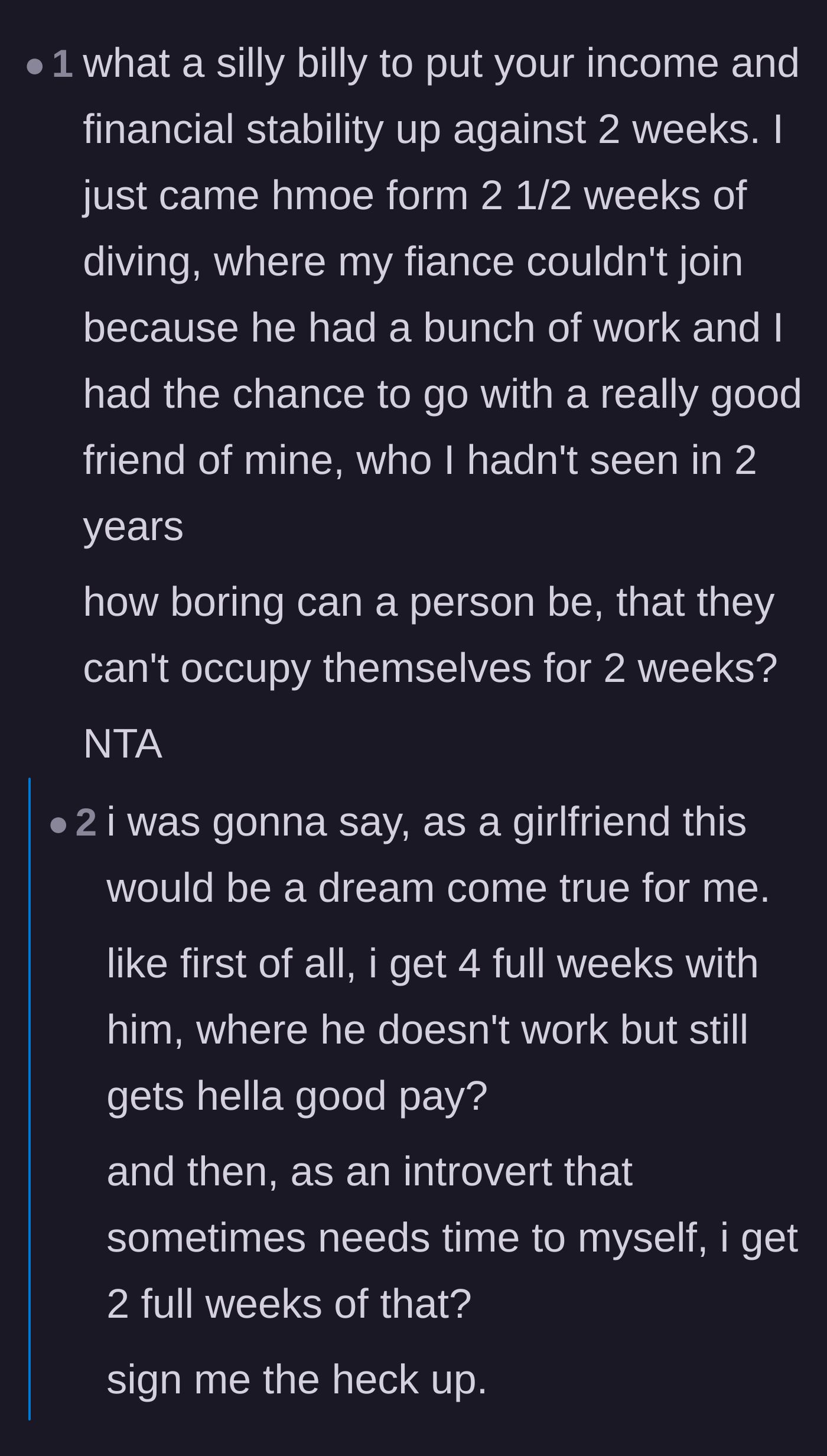 Comment thread 2 - Introverts and long-term spouses expressing how perfect a schedule of two weeks alone and four weeks together would be.