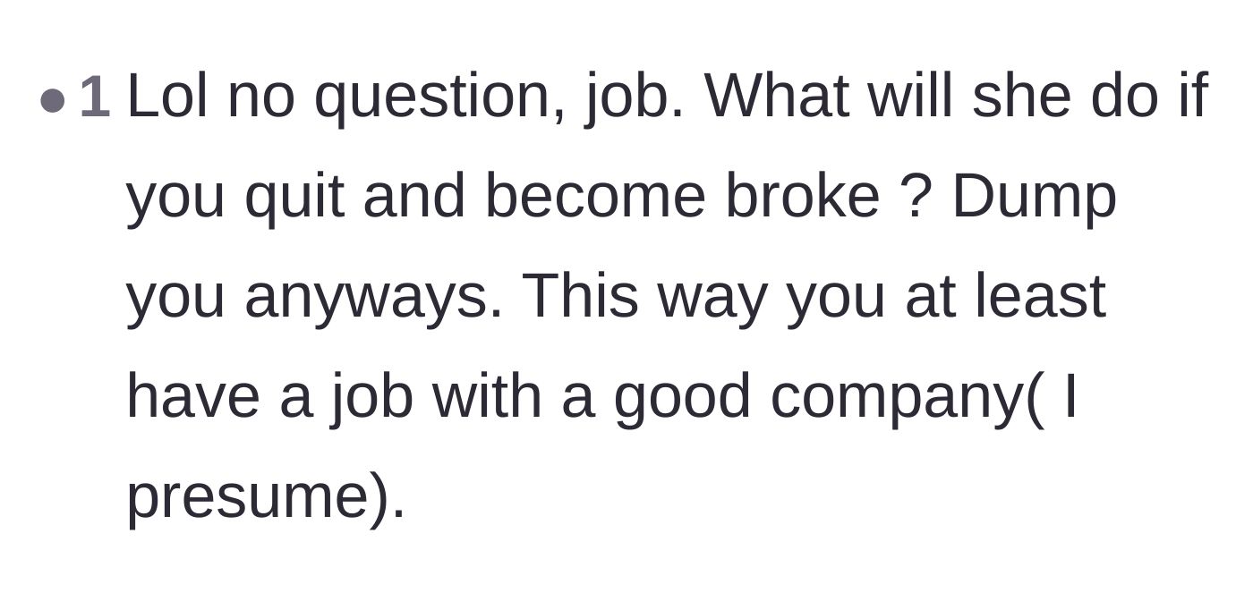 Comment thread 3 - A harsh prediction that if the main character quit his job and went broke, the girlfriend would have left him anyway.