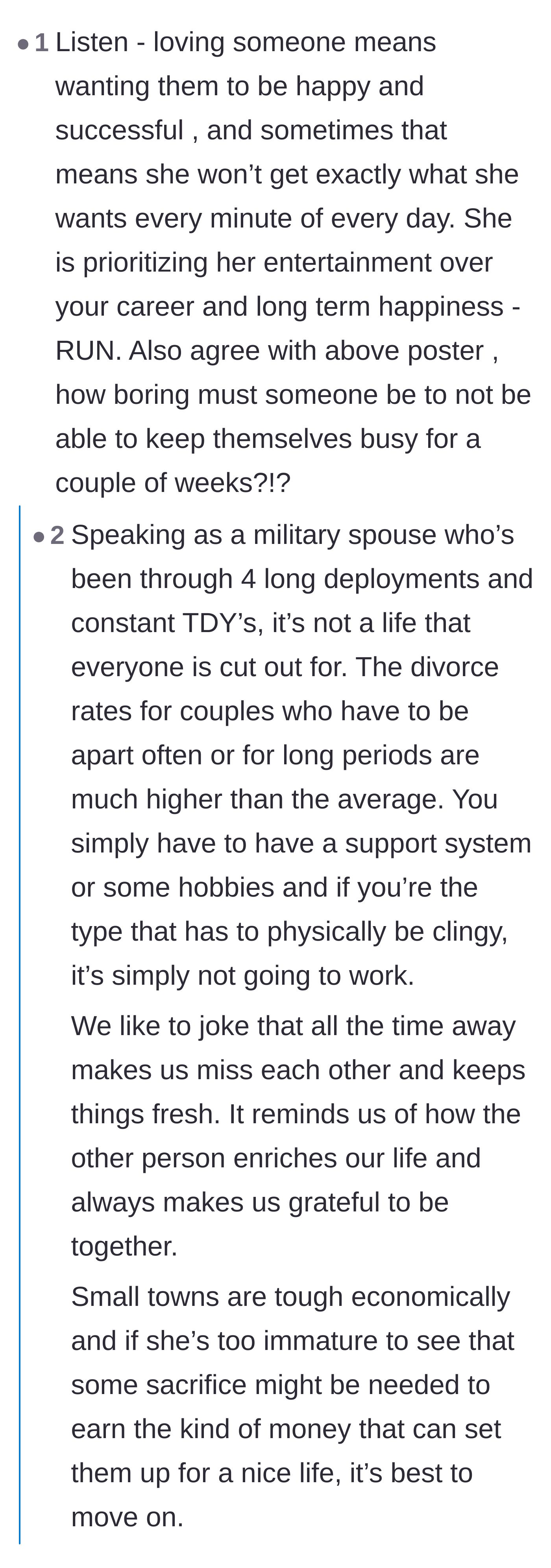 Comment thread 5 - A military spouse explaining the maturity and support system required to survive a relationship with long absences.