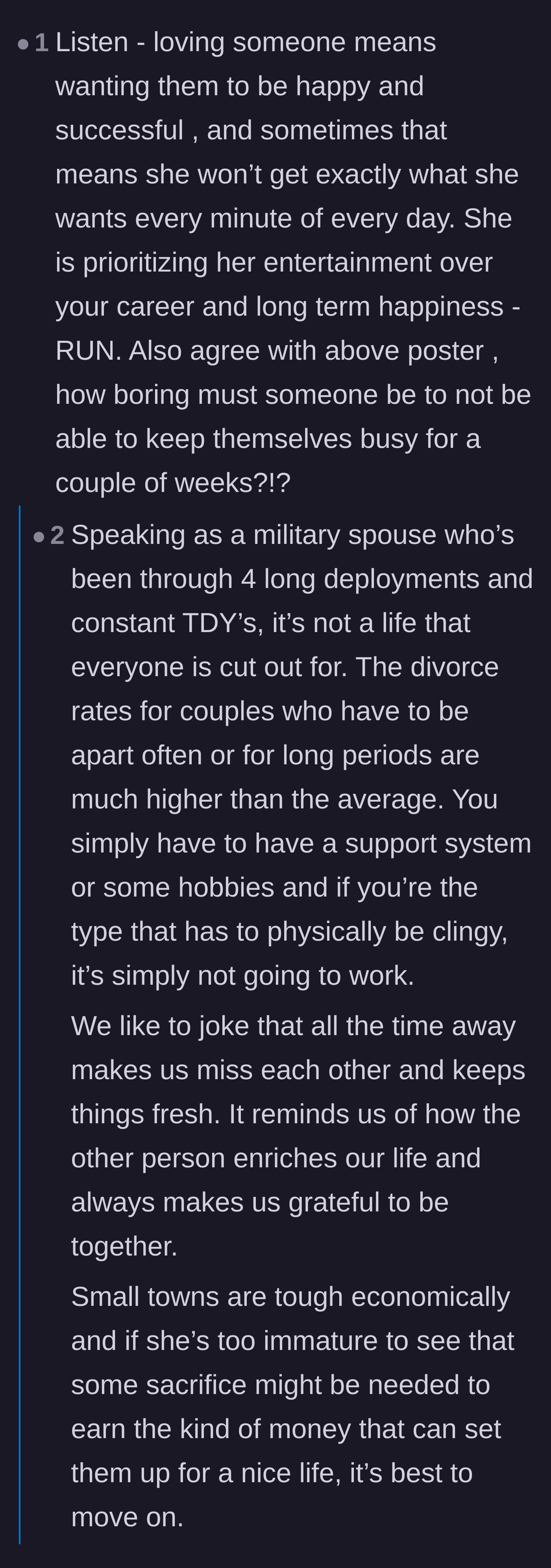 Comment thread 5 - A military spouse explaining the maturity and support system required to survive a relationship with long absences.