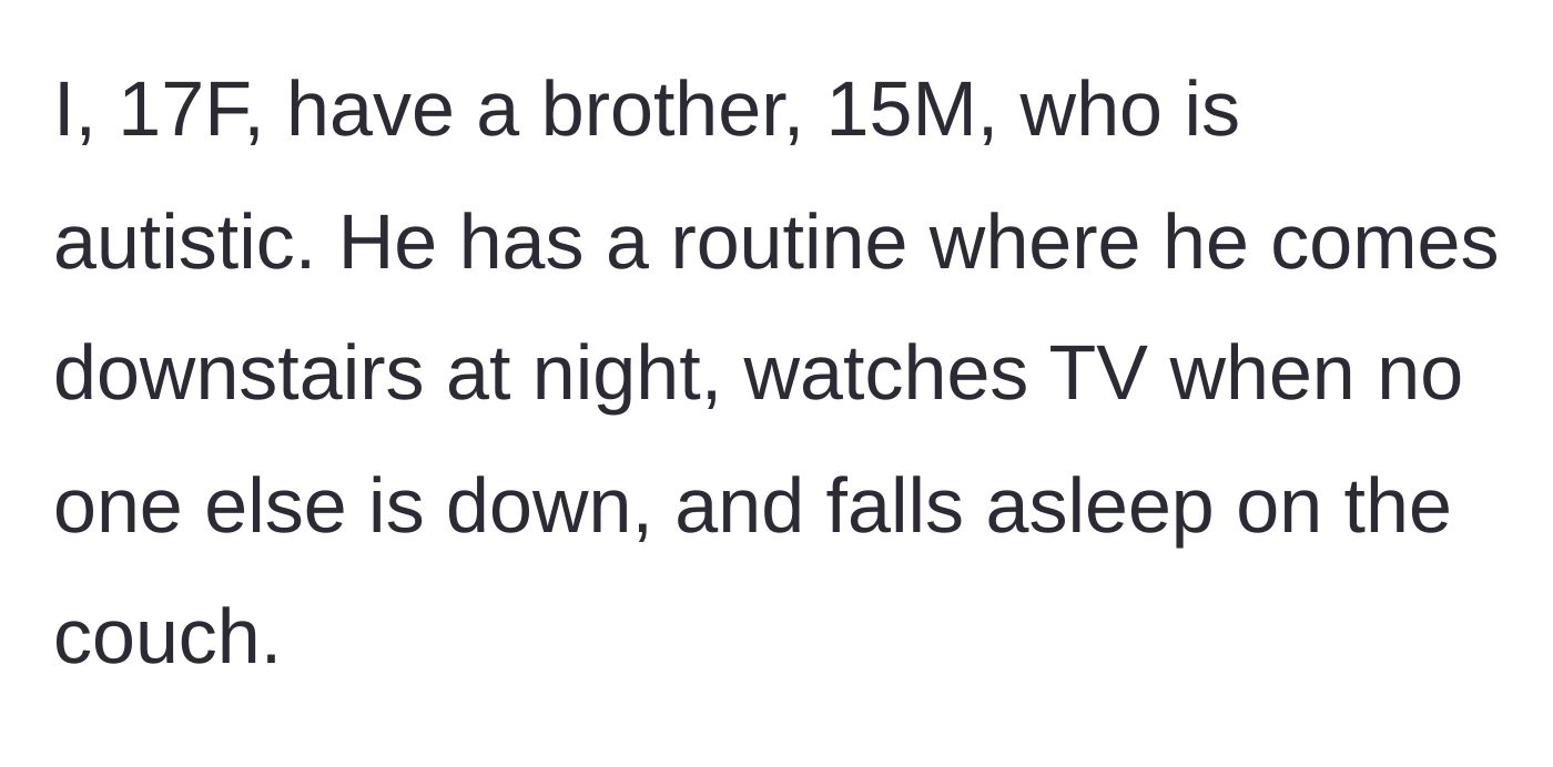 Story part 1 - A 17-year-old girl introduces her 15-year-old autistic brother and his established late-night TV routine on the living room couch.