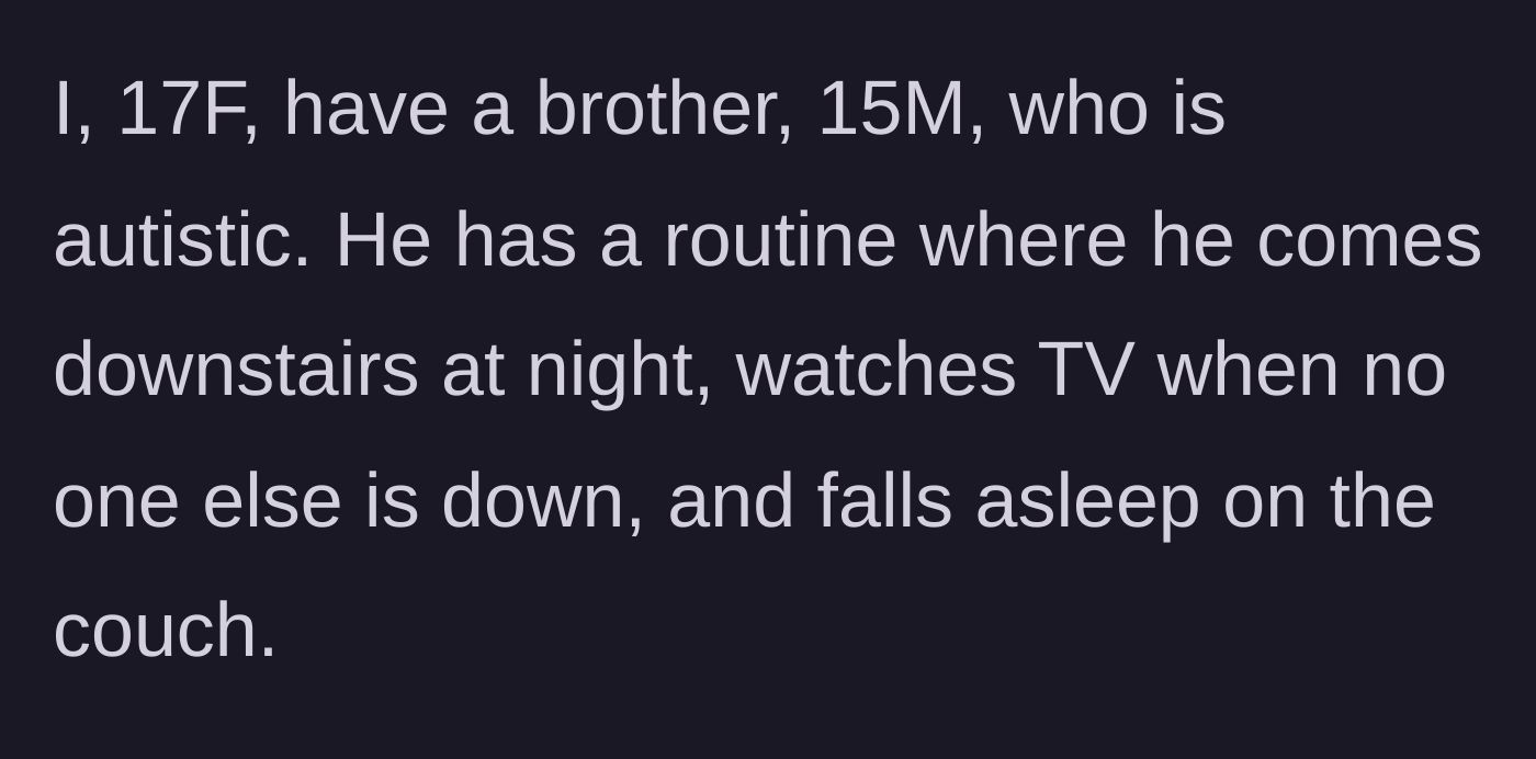 Story part 1 - A 17-year-old girl introduces her 15-year-old autistic brother and his established late-night TV routine on the living room couch.