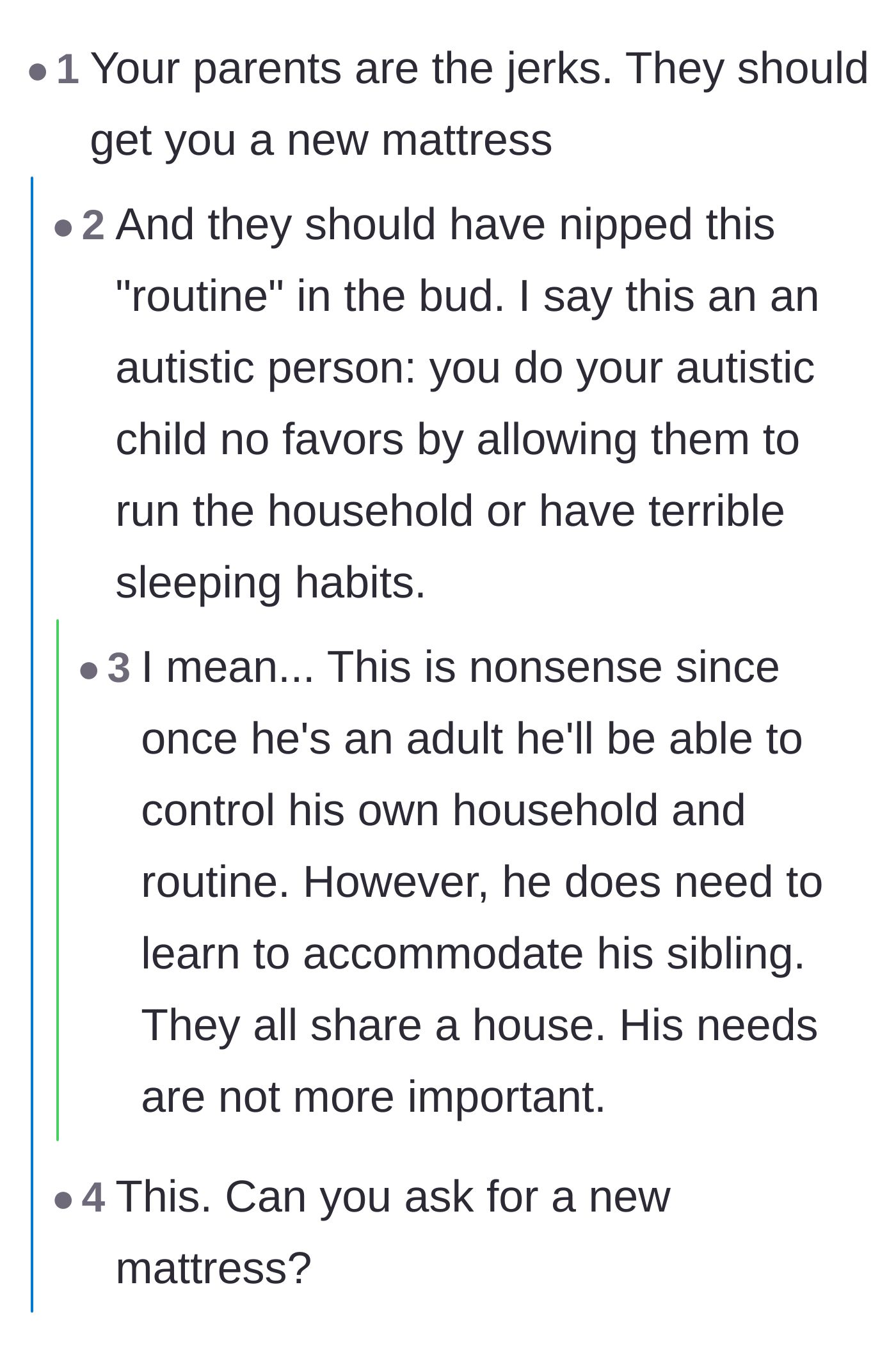 Comment thread 1 - Readers criticizing the parents for allowing both children to suffer with inadequate beds and failing to teach the brother compromise.