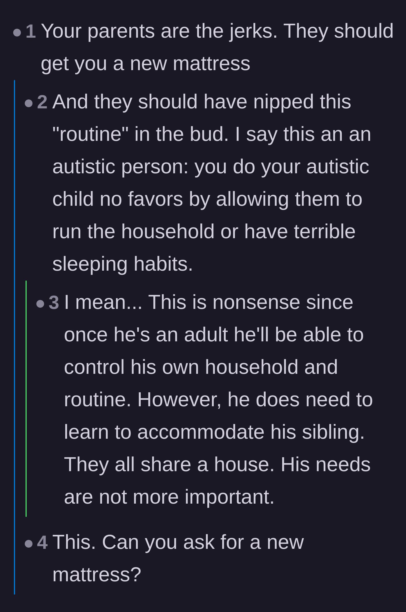 Comment thread 1 - Readers criticizing the parents for allowing both children to suffer with inadequate beds and failing to teach the brother compromise.