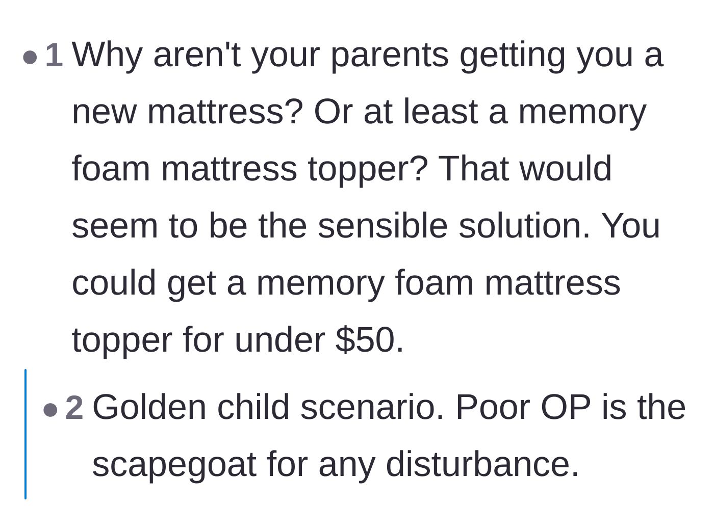 Comment thread 2 - A discussion about the golden child dynamic that evolves into fellow chronic pain sufferers sharing sleep advice and offering financial help.