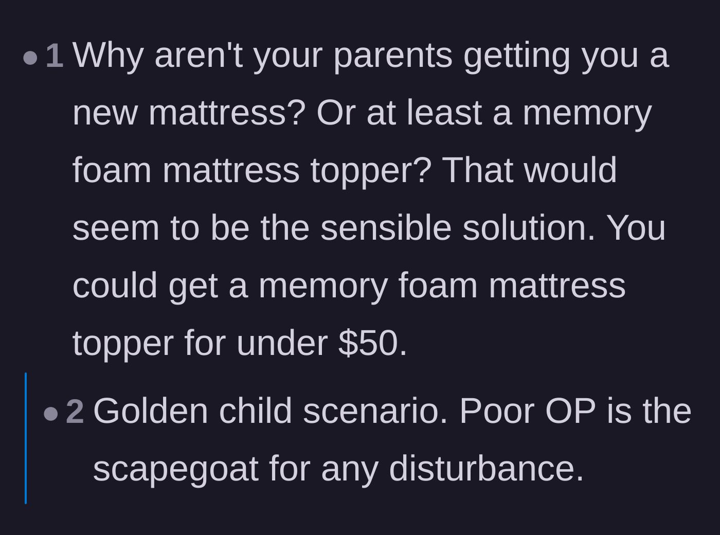 Comment thread 2 - A discussion about the golden child dynamic that evolves into fellow chronic pain sufferers sharing sleep advice and offering financial help.