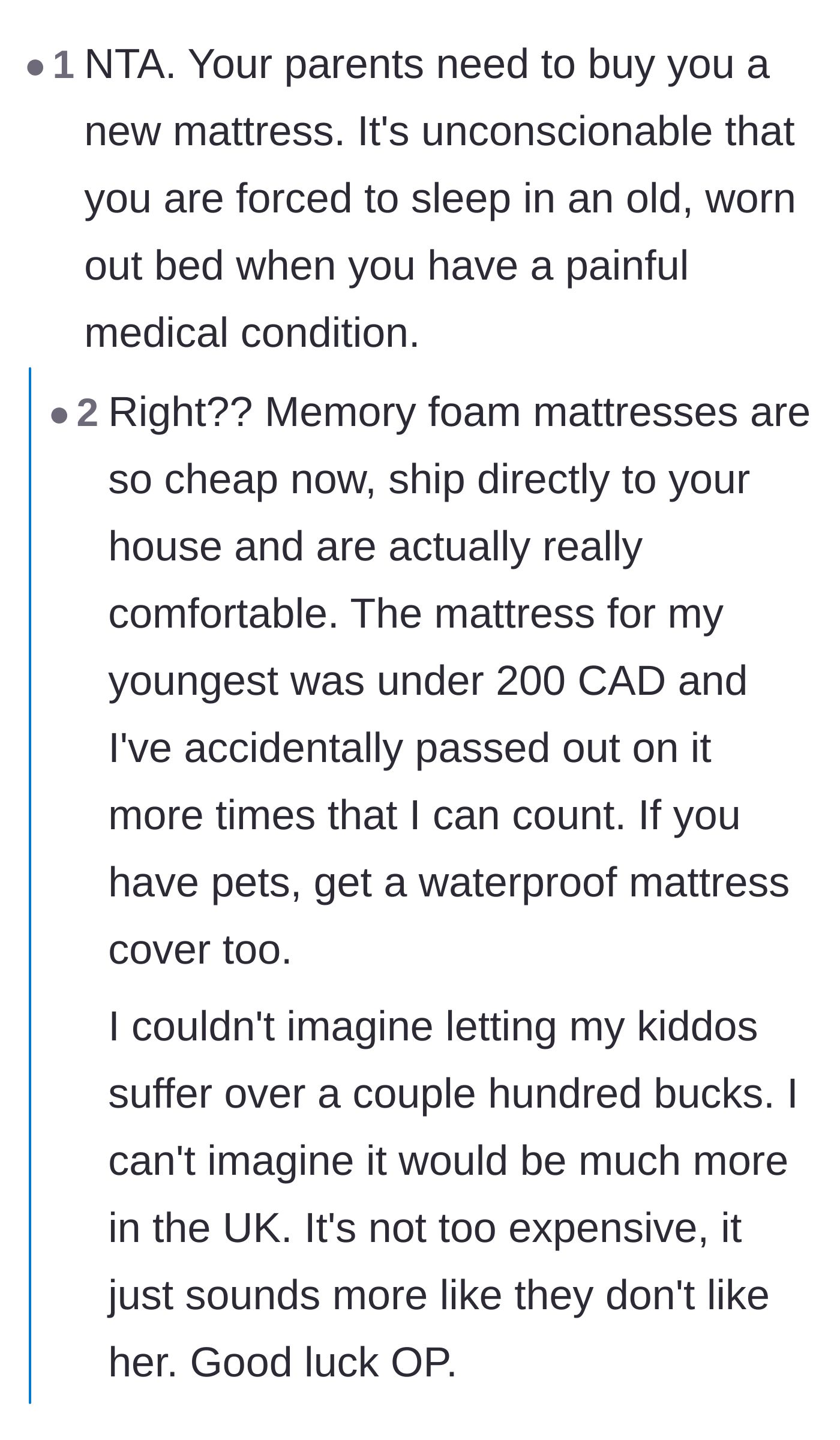 Comment thread 3 - Commenters expressing shock at how cheap a replacement mattress could be, calling the parents' inaction unconscionable.