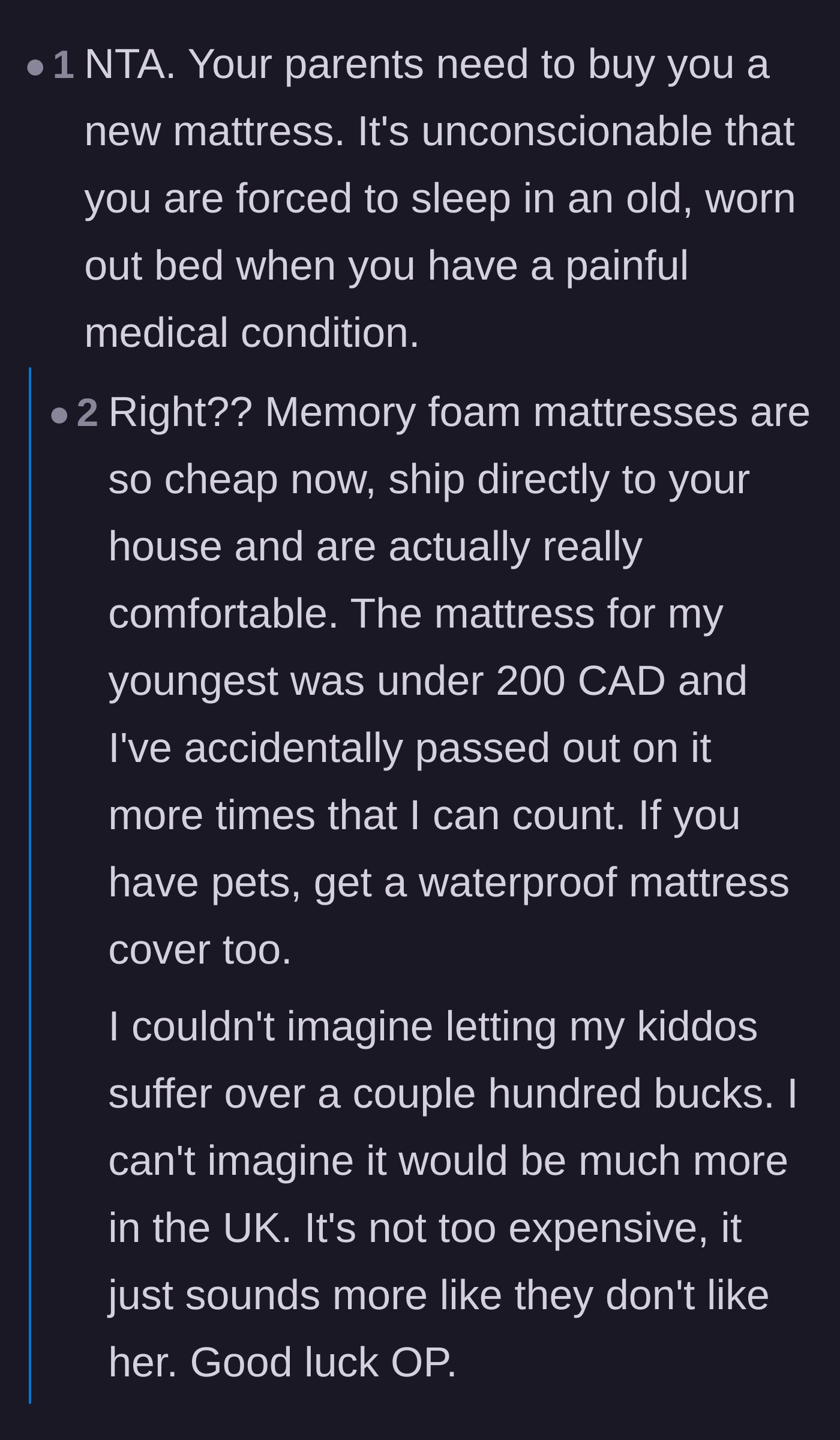 Comment thread 3 - Commenters expressing shock at how cheap a replacement mattress could be, calling the parents' inaction unconscionable.