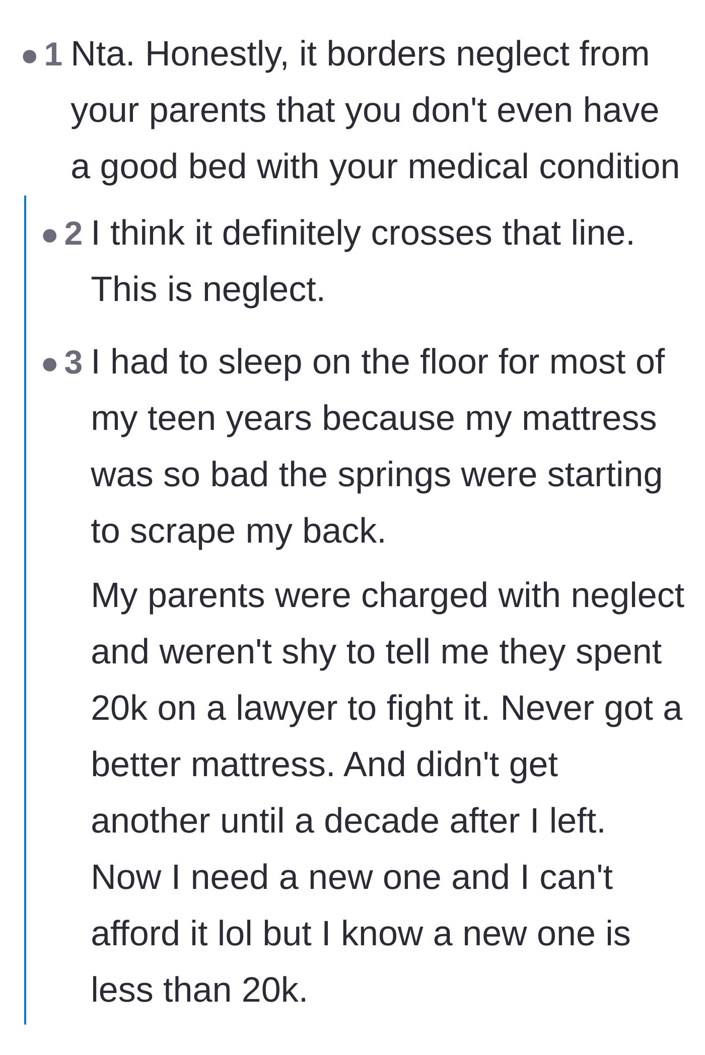 Comment thread 4 - A reader shares a personal story of their parents facing legal charges for forcing them to sleep on a broken mattress.