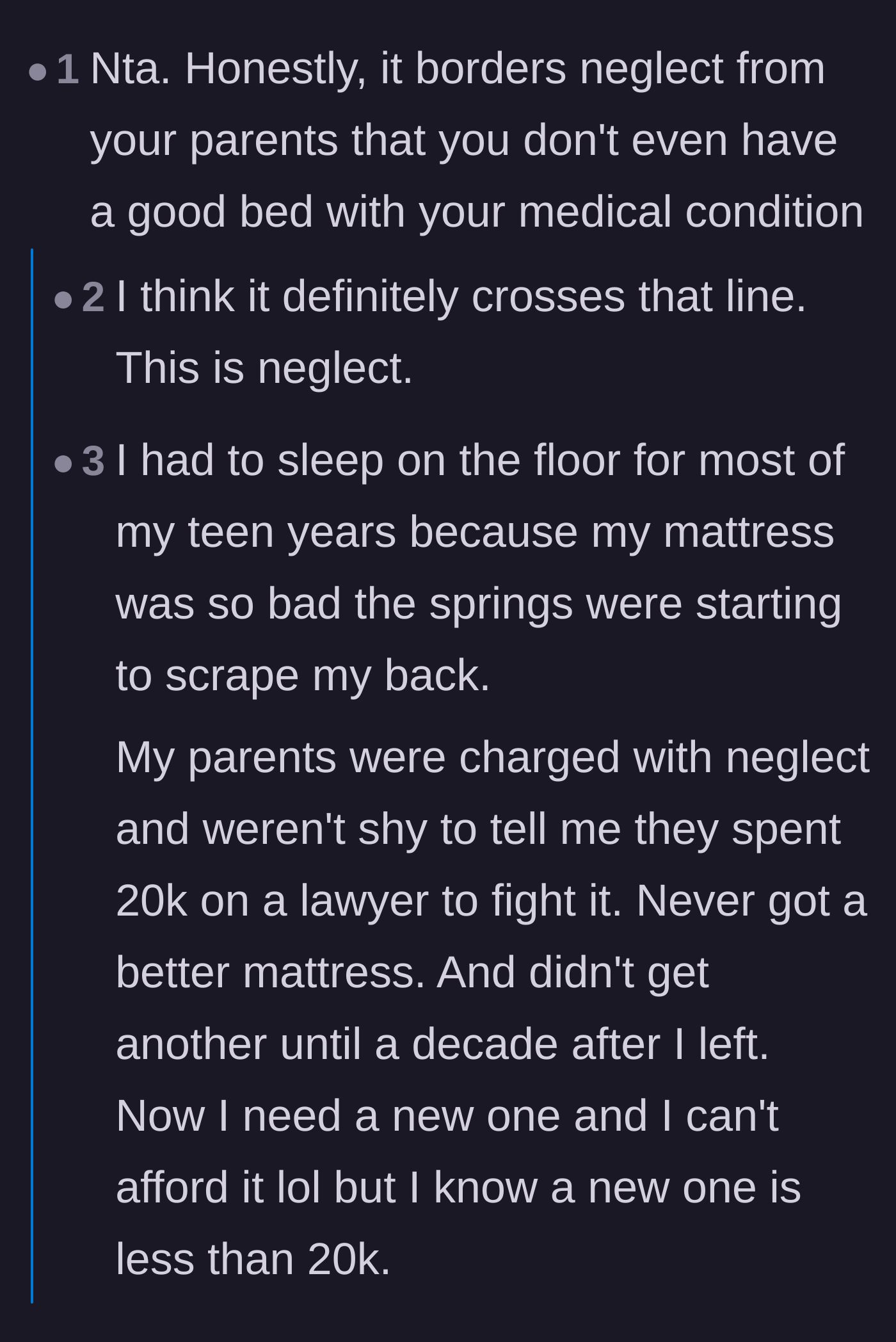 Comment thread 4 - A reader shares a personal story of their parents facing legal charges for forcing them to sleep on a broken mattress.