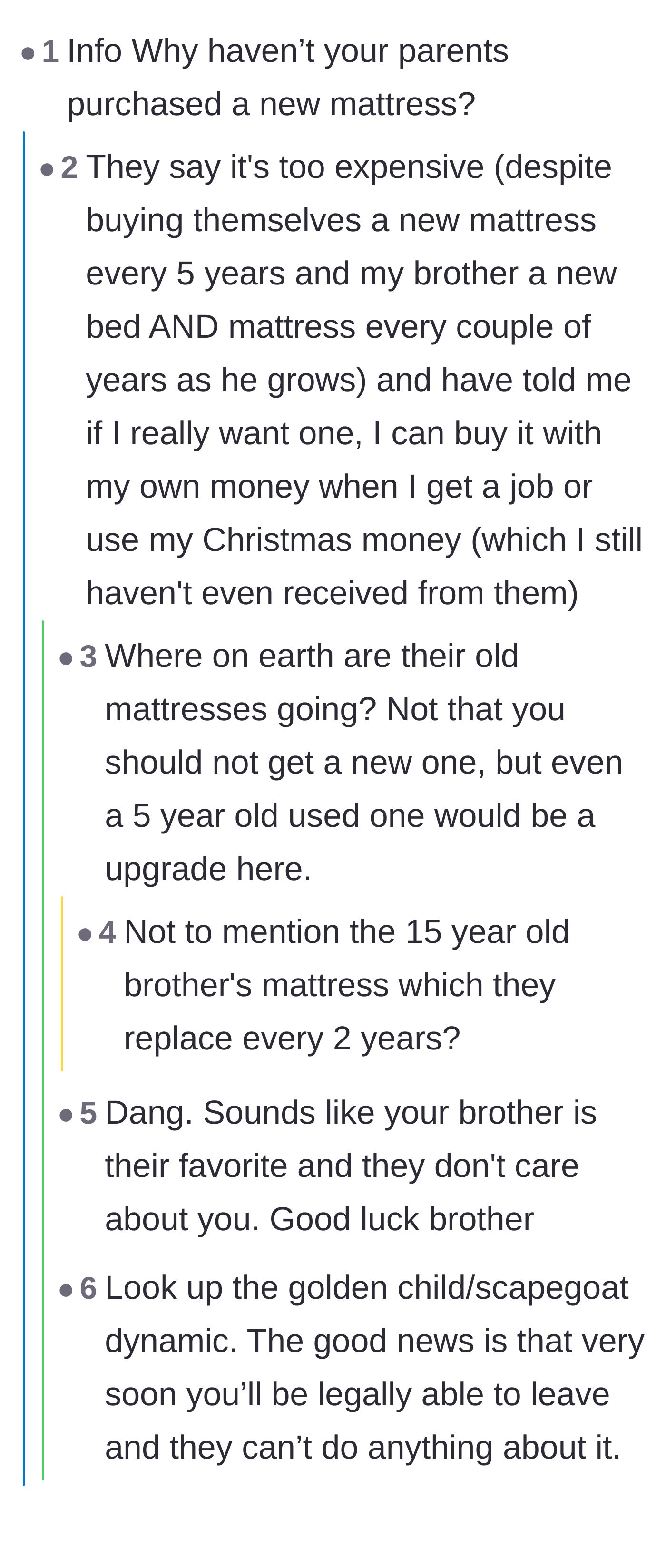 Comment thread 5 - The author reveals her parents buy themselves new mattresses frequently but throw the old ones away instead of giving them to her.