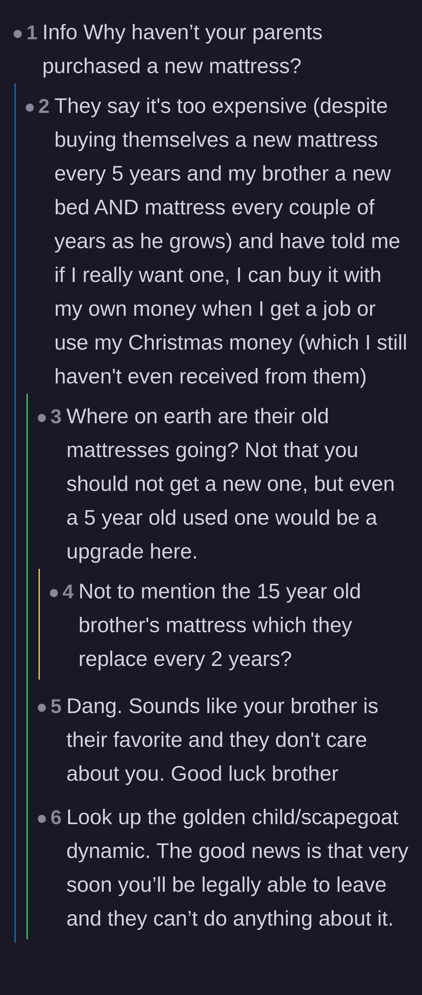 Comment thread 5 - The author reveals her parents buy themselves new mattresses frequently but throw the old ones away instead of giving them to her.