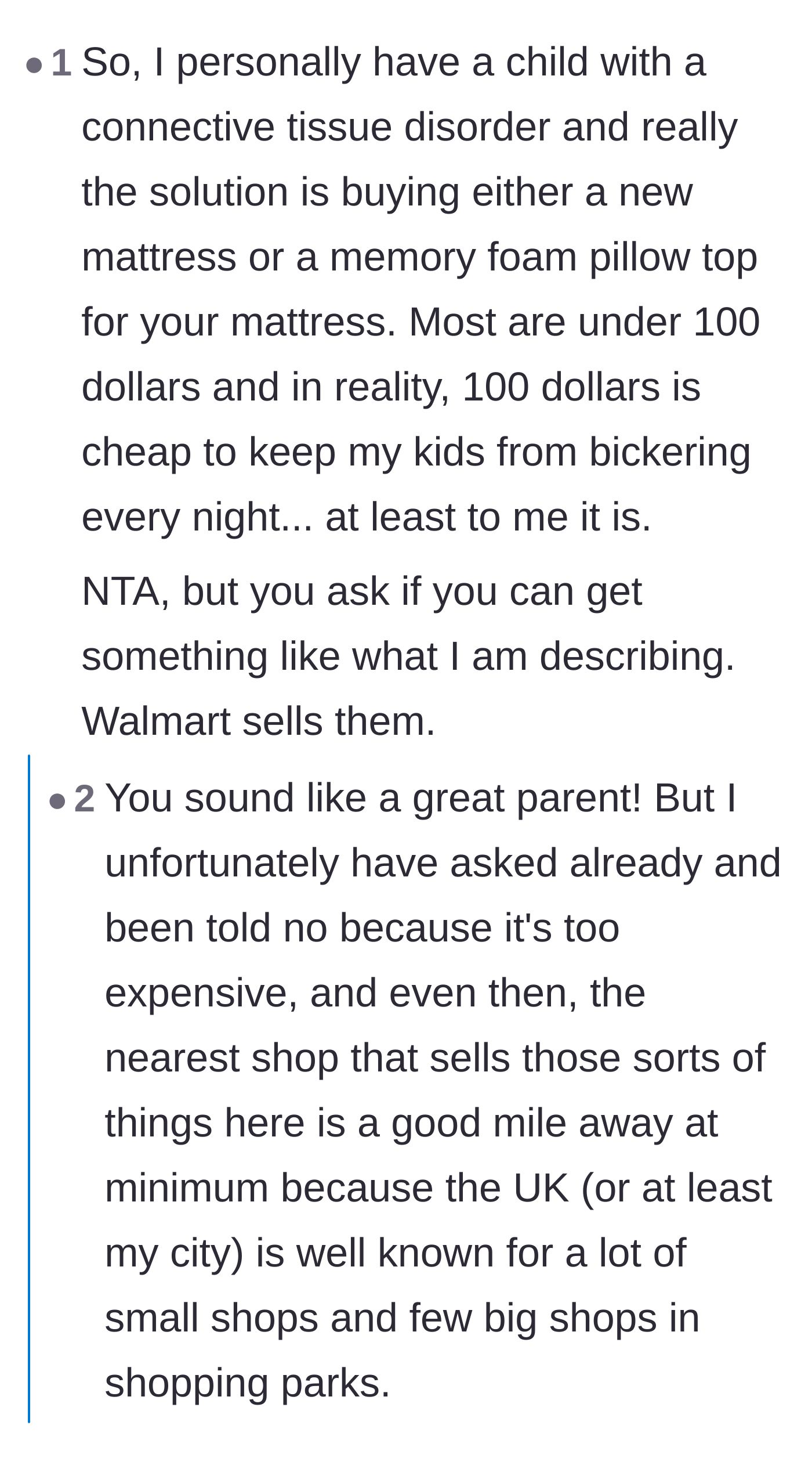 Comment thread 6 - Readers offer practical advice on navigating UK charities and free marketplaces for a new mattress, though some question her initial helplessness.