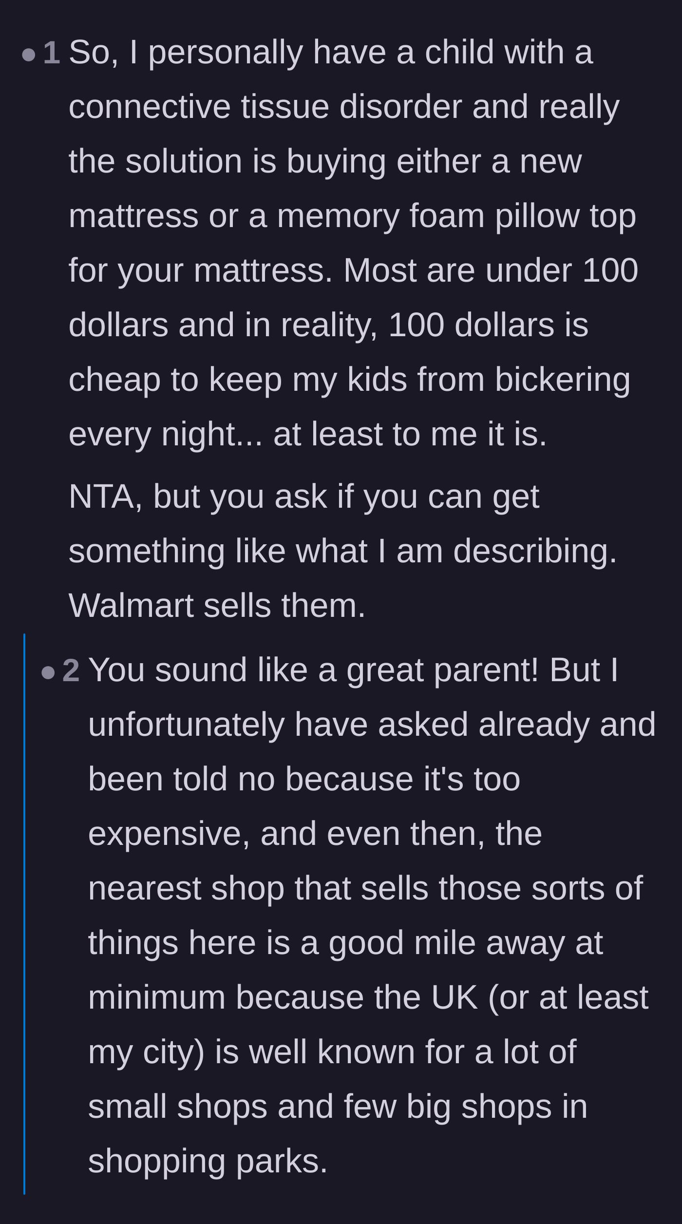 Comment thread 6 - Readers offer practical advice on navigating UK charities and free marketplaces for a new mattress, though some question her initial helplessness.