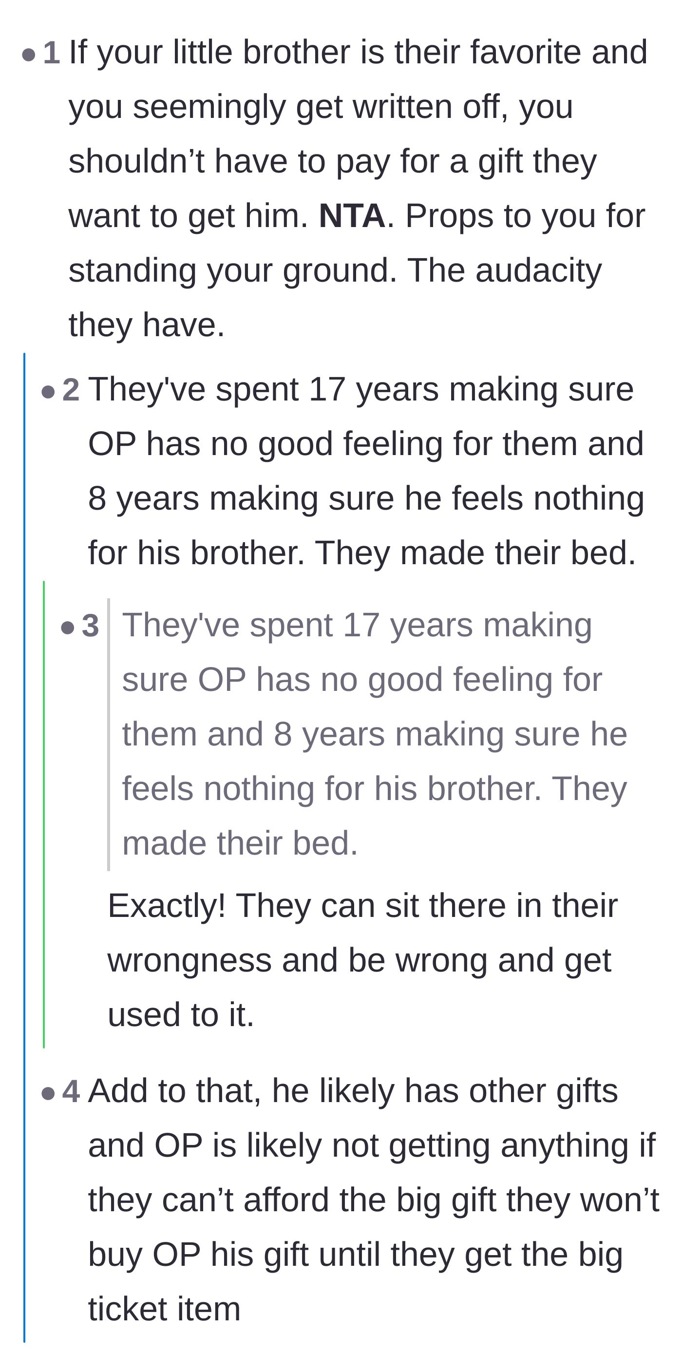 Comment thread 1 - Readers point out the parents' hypocrisy and suggest returning the OP's nonexistent gifts to fund the brother's present.