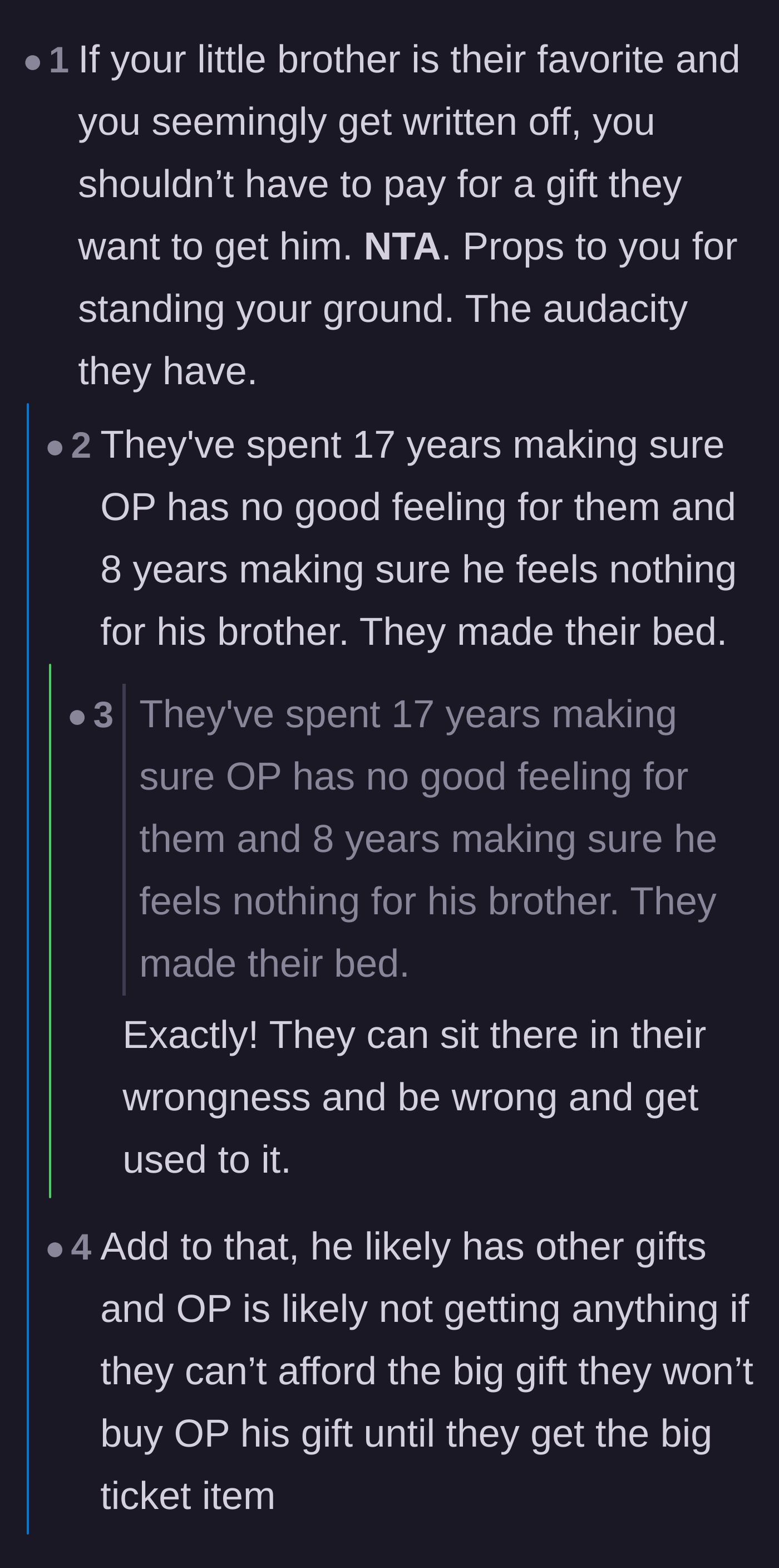 Comment thread 1 - Readers point out the parents' hypocrisy and suggest returning the OP's nonexistent gifts to fund the brother's present.