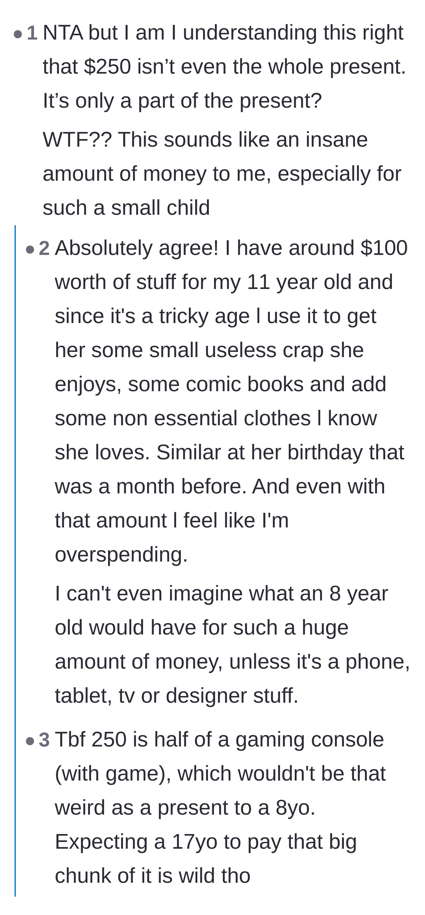 Comment thread 2 - A debate on the absurdly high price tag of the 8-year-old's Christmas present and the audacity of billing a teenager for it.