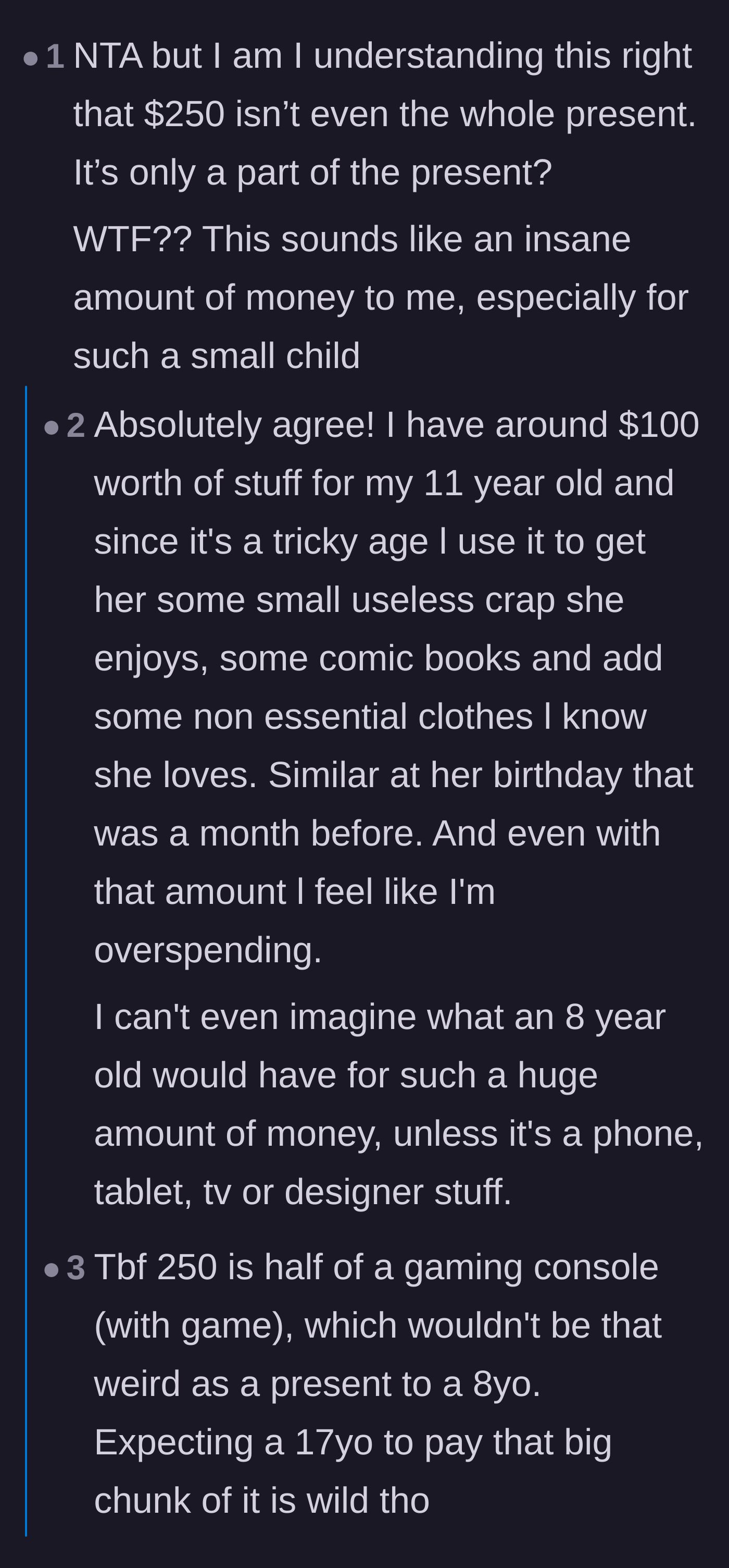 Comment thread 2 - A debate on the absurdly high price tag of the 8-year-old's Christmas present and the audacity of billing a teenager for it.